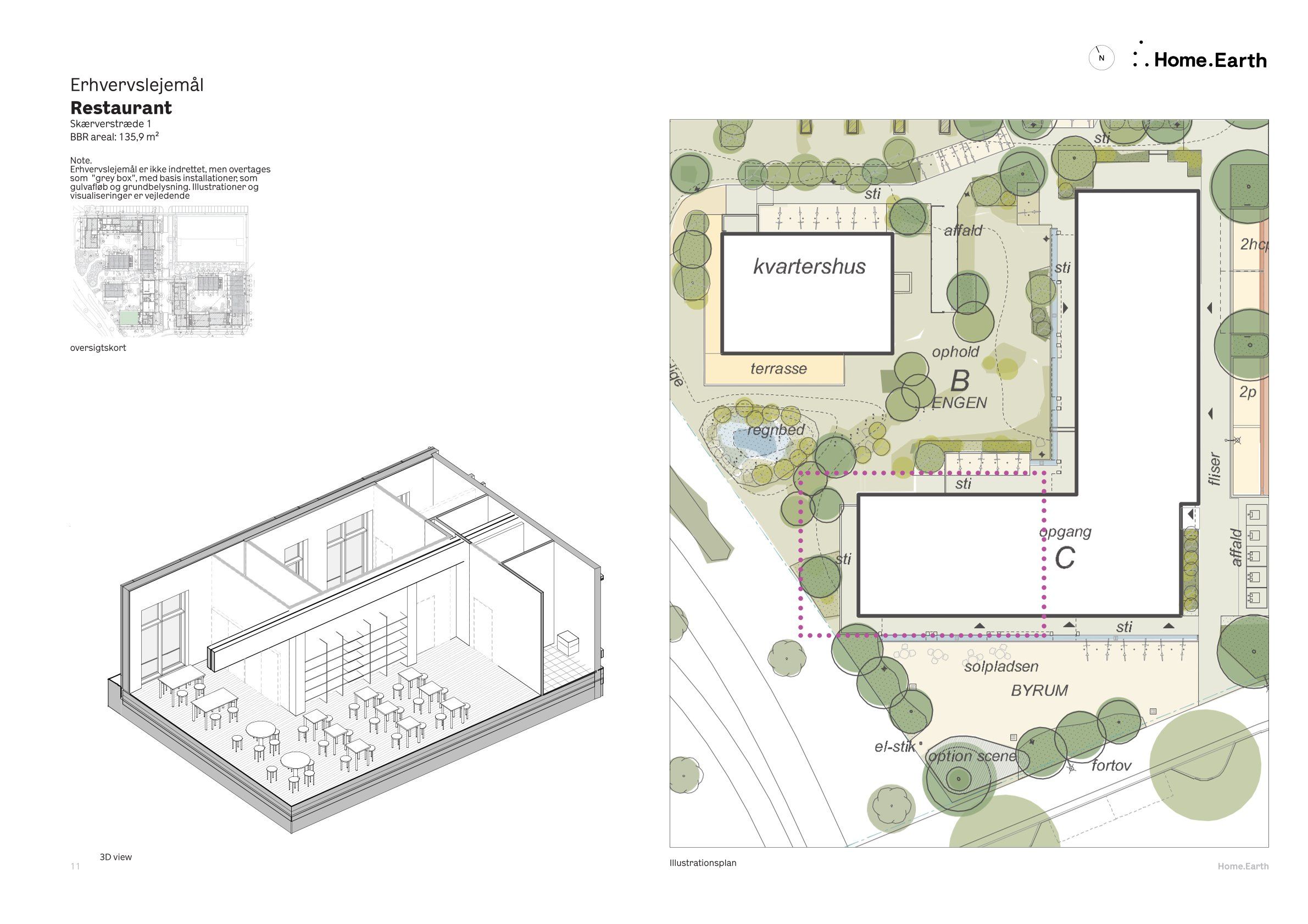 Et oversigtskort og et 3D-billede af et restaurantdesign med tabeller og stole samt et landskabsdesign med terrasse,