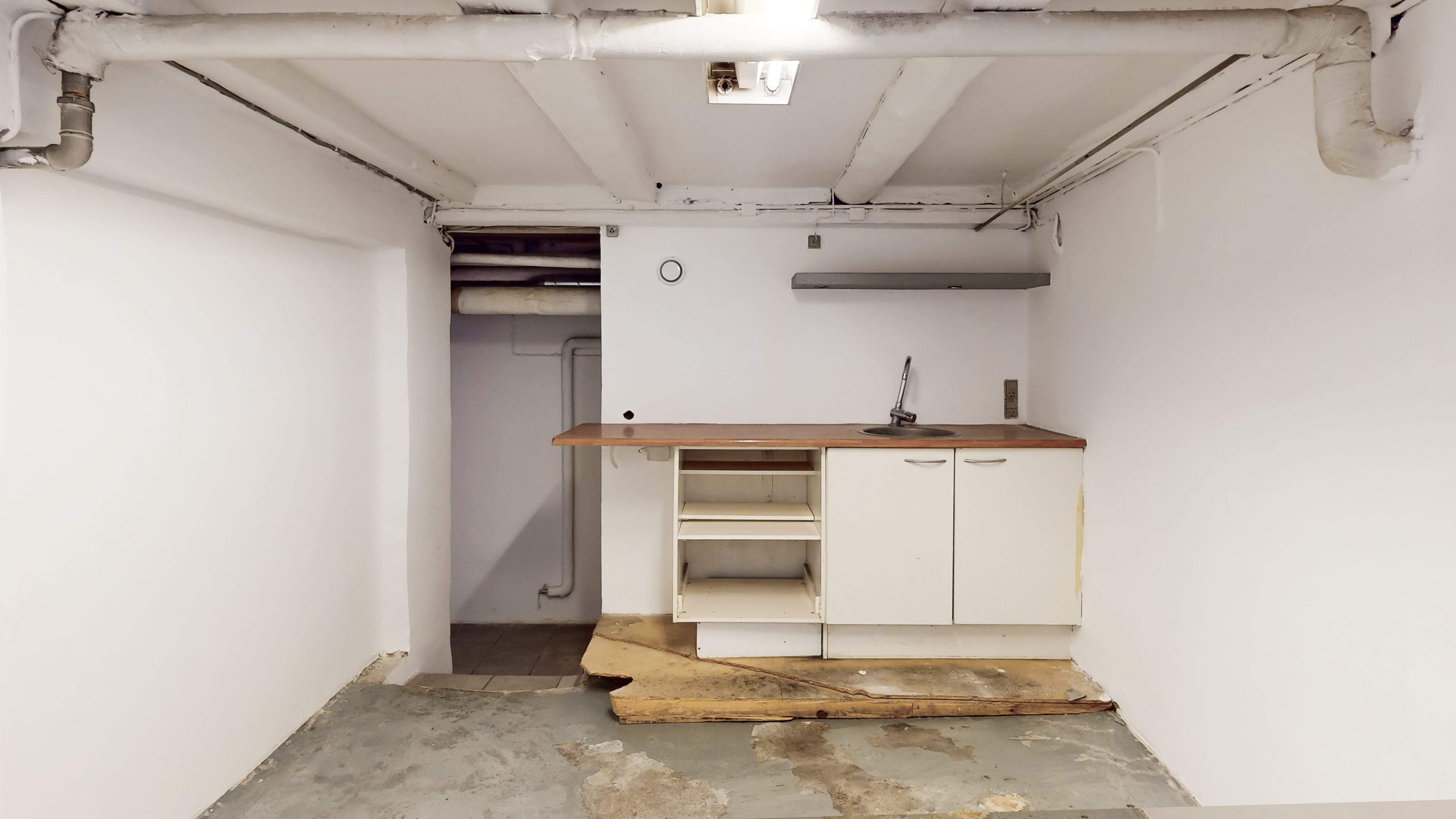 Et tomt kælderrum med et køkken og en dør i baggrunden, hvor gulvet og væggene er fugtet og svært beskadiget.