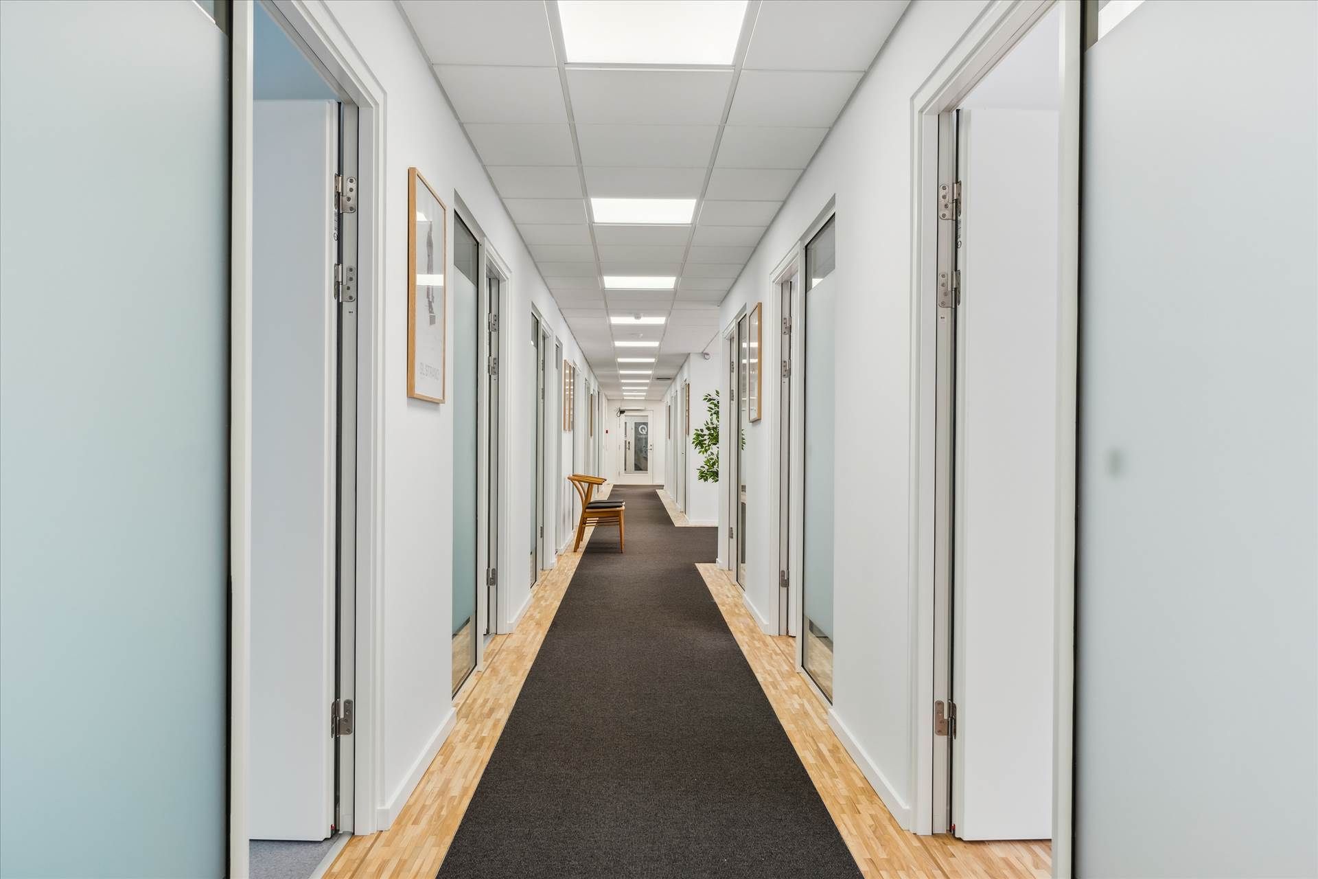 Langt, smal korridor med hvide vægge, trægulve og kunstig belysning i loftet. To døre med hjørneglas og møbler i en af dem