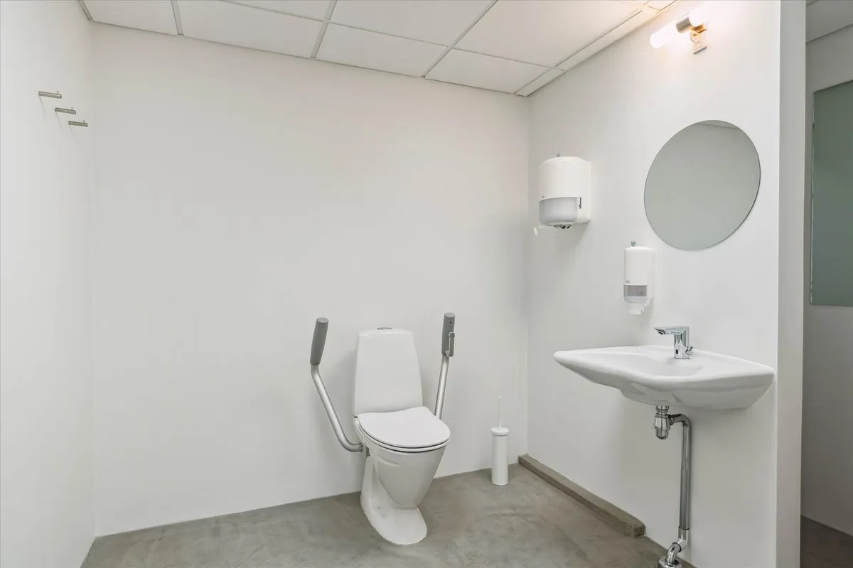 Et lille, hvidt badeværelse med højloft. Højloftet er hvidt og dækket af loftsplader. Et toilet med håndtag og en hvid,