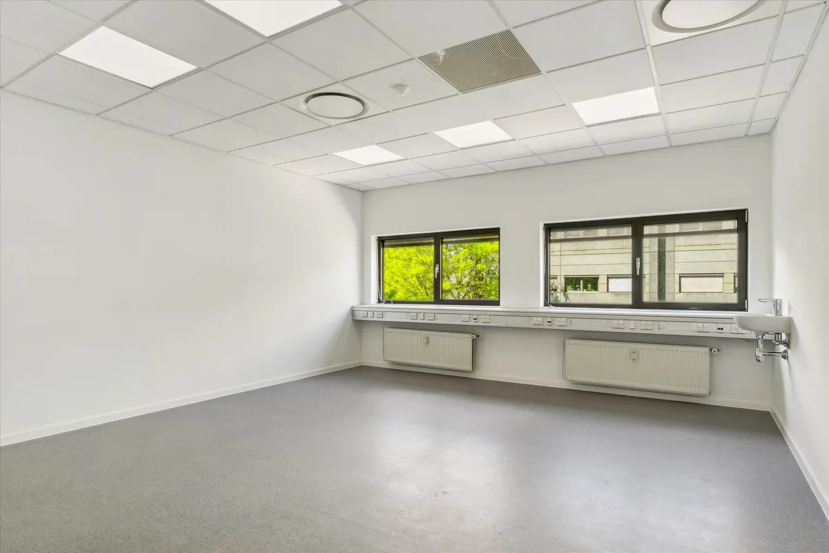 Remme med hvide vægge og gulv, to store ruder, hvide radiatorer, udstyrskonsol og lysekroner i loftet