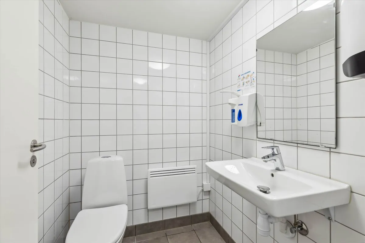 Rent og pænt badeværelse med toilet, hvid tøjvask, håndvask, spejl og hånddesinfektionsdispenser. Der er en hvid