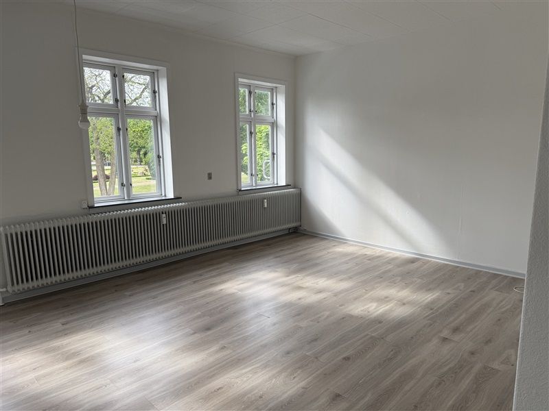 To store vinduer i en tom stue med hvidt loft og hvidt vægmaleri samt gulvtæppe og radiator