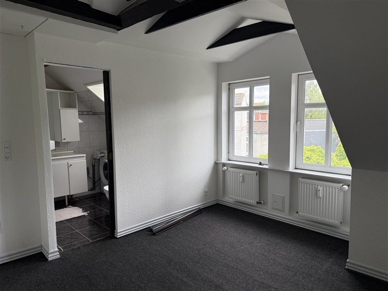 Lejlighed med højloft og vinduede stue. Ren vaskerum med toilet, bruser og vaskemaskine. Værelse med radiatorer og gulvtæppe.