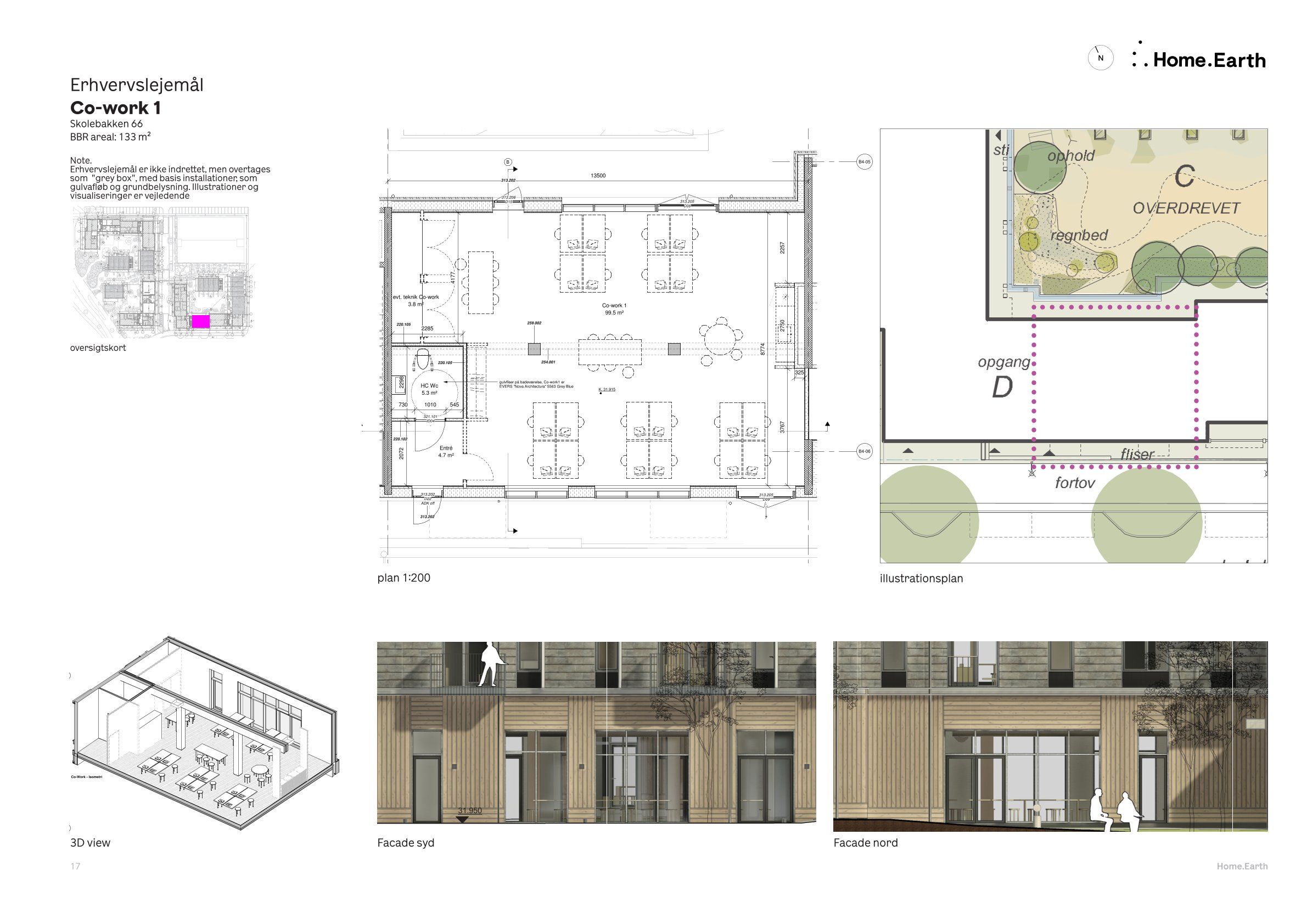 Bygningen Co-work 1 er et bæredygtigt kontorlokal med 66 pladser i København. Lokalet er 133 m2 og har 3 m højde. Tegningen