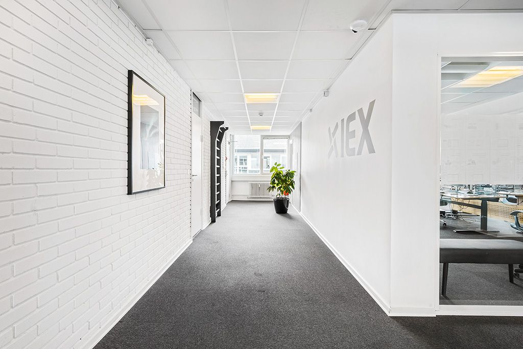 Det er en smal korridor med hvide vægge, gulv og loft. Der er en række kontorer med glasdøre og vinduer. Der er en plante i