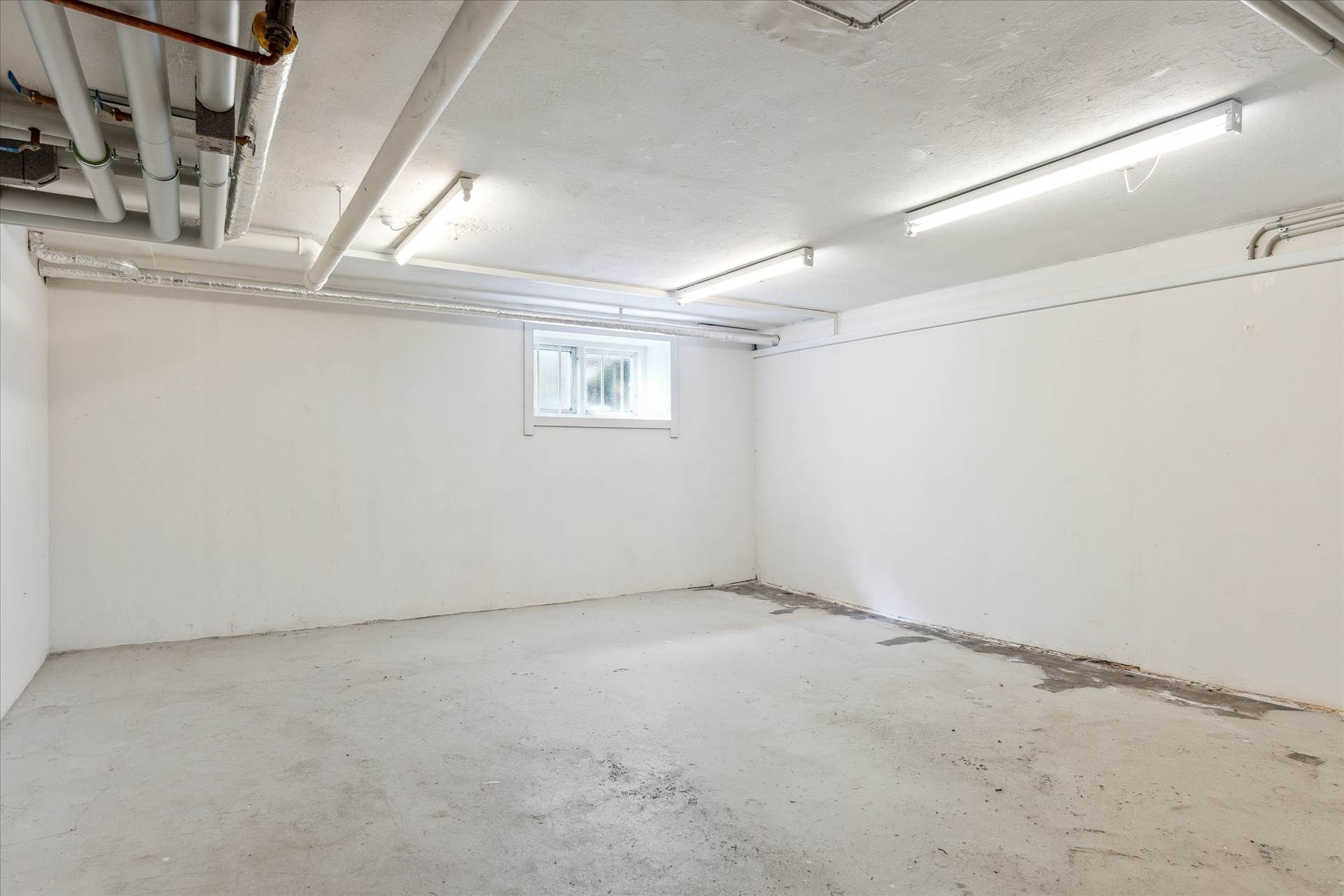 Ledig og indbydende kælder med hvide vægge, cementgulv og lysekroner på loftet