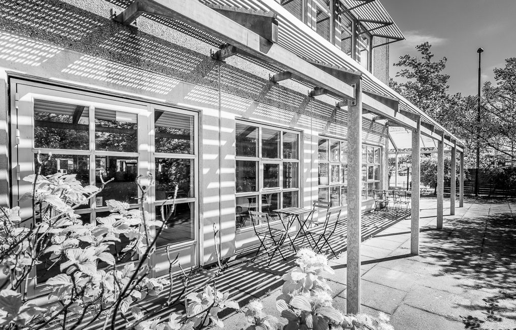 Hvid og stribet kontorbygning med plantager og møbelsæt på verandaen, tæt på grønne træer