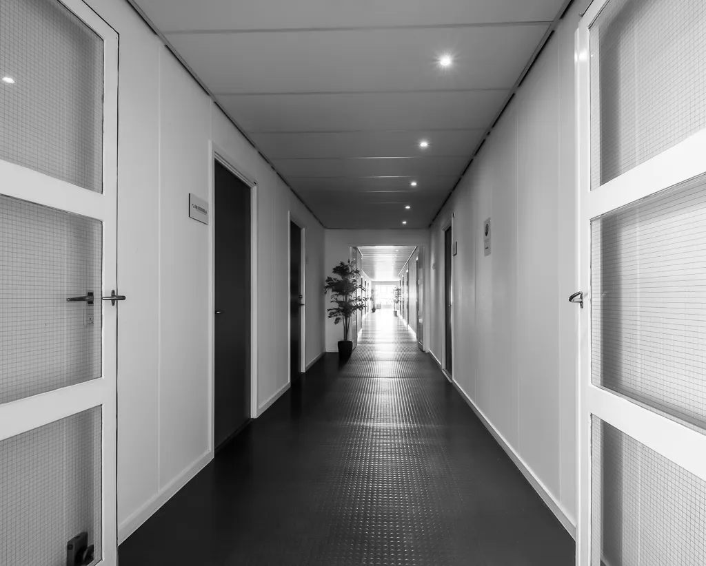 Hall med hvide vægge, lyse lofter og lysepunkter i en moderne bygning, med et potteplante og åbne døre langs væggen