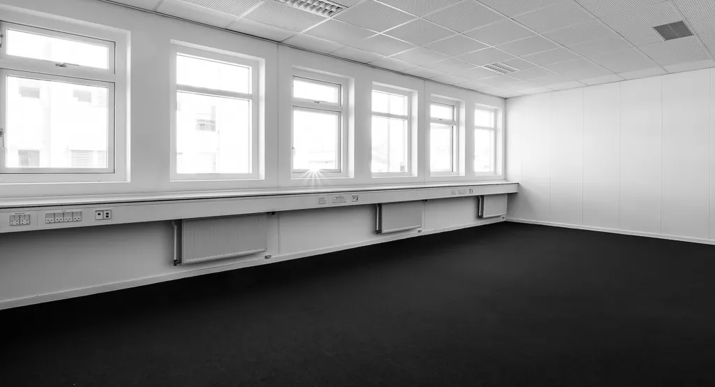 Rummelig hall med hvide vægge, lyse vindueskarme og lysekroner, tæppegulv og ventiler under vindueskarmen