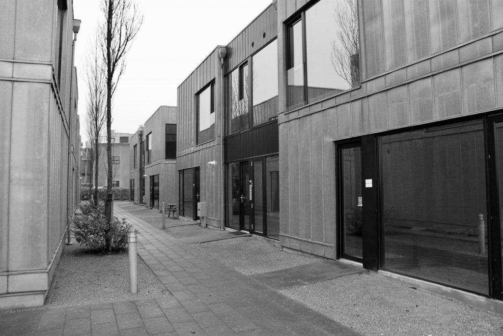 Bygning med glasvinduer og døre, træer og planter langs siderne, to bord og bænk samt gulve med brolægning og asfalt