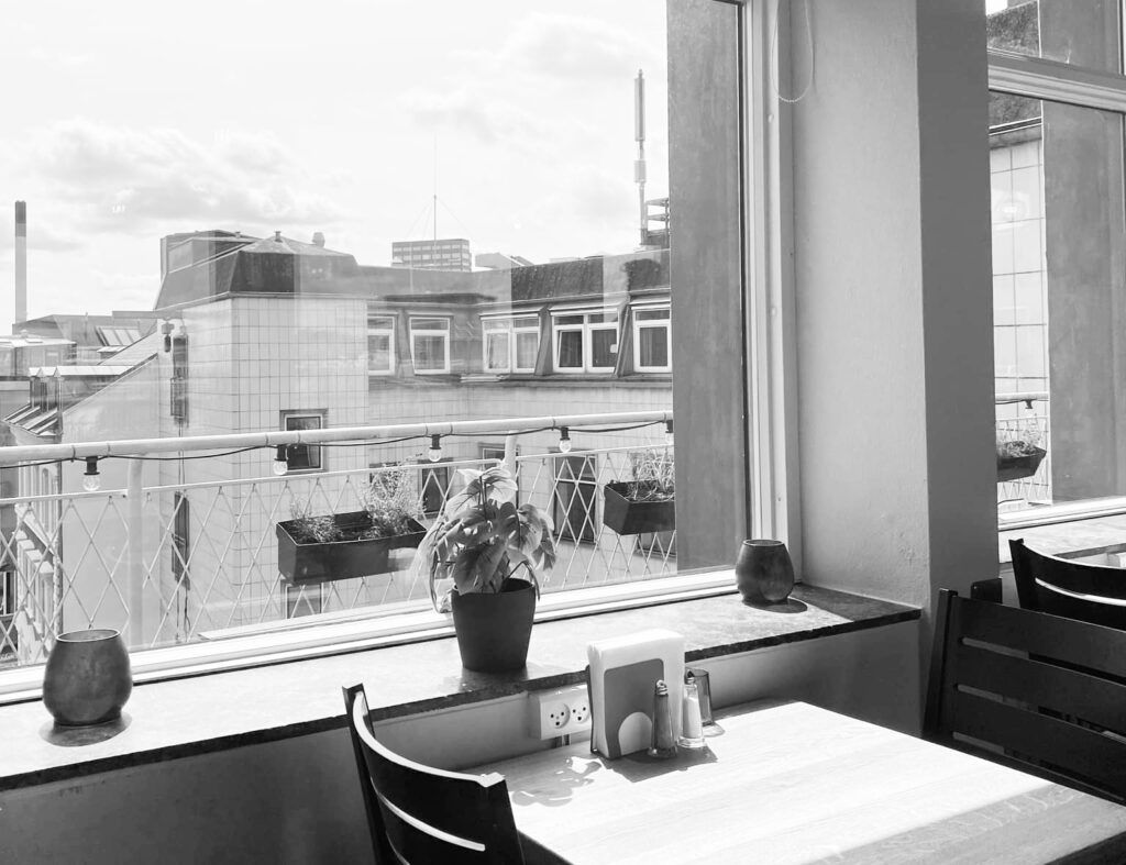 Inde i et kontorlokal med udsigt til byen, står der en plante i lysebrunt blomsterpotte og et salt- og peberkarl ved bordet