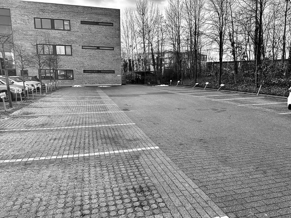Parkeringsplads med markerede parkeringspladser og høje, nøgne træer bag en mur og et kontorblok i baggrunden