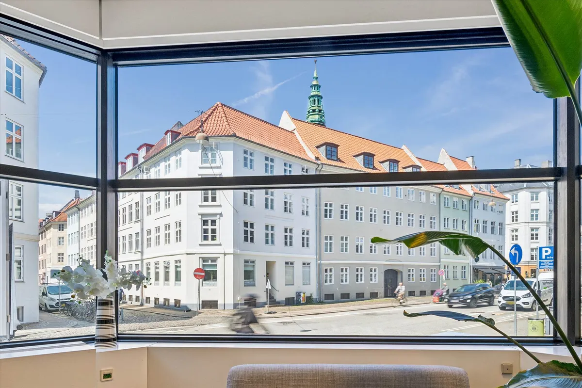 Kontor i København med udsigt til gade med biler og cyklister og blomster i en vase