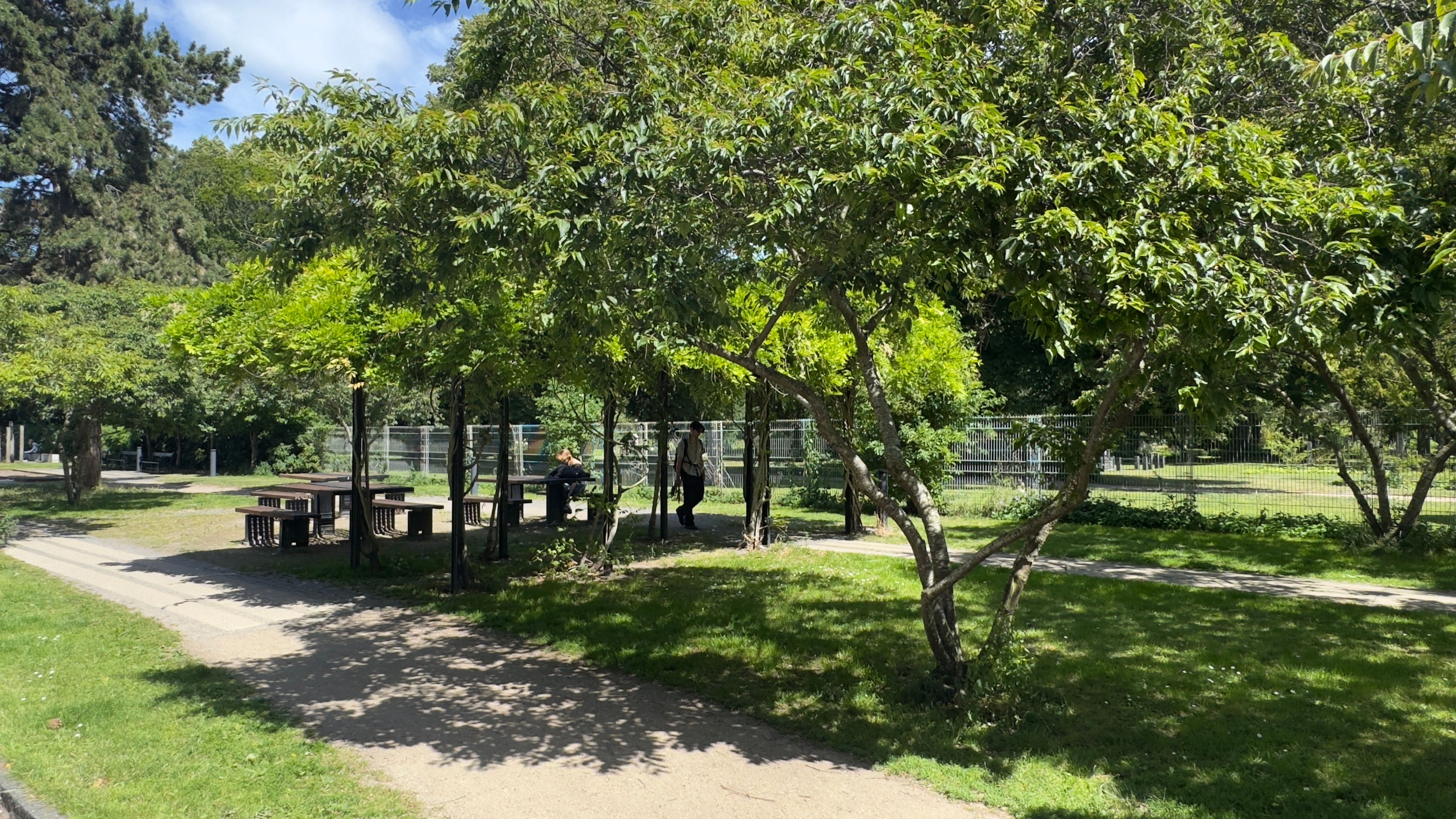 Lystfuld park med græsplads og skovlignende træer, hvor to mennesker går gennem skyggerne i varmt vejr