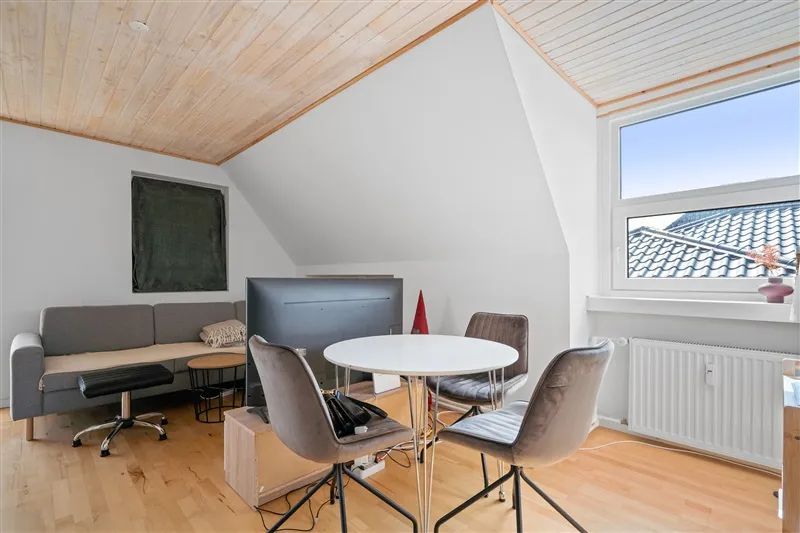 Lille stue med lyse vægge og loft, gulv med møbler og tv, vinduer og radiatorer