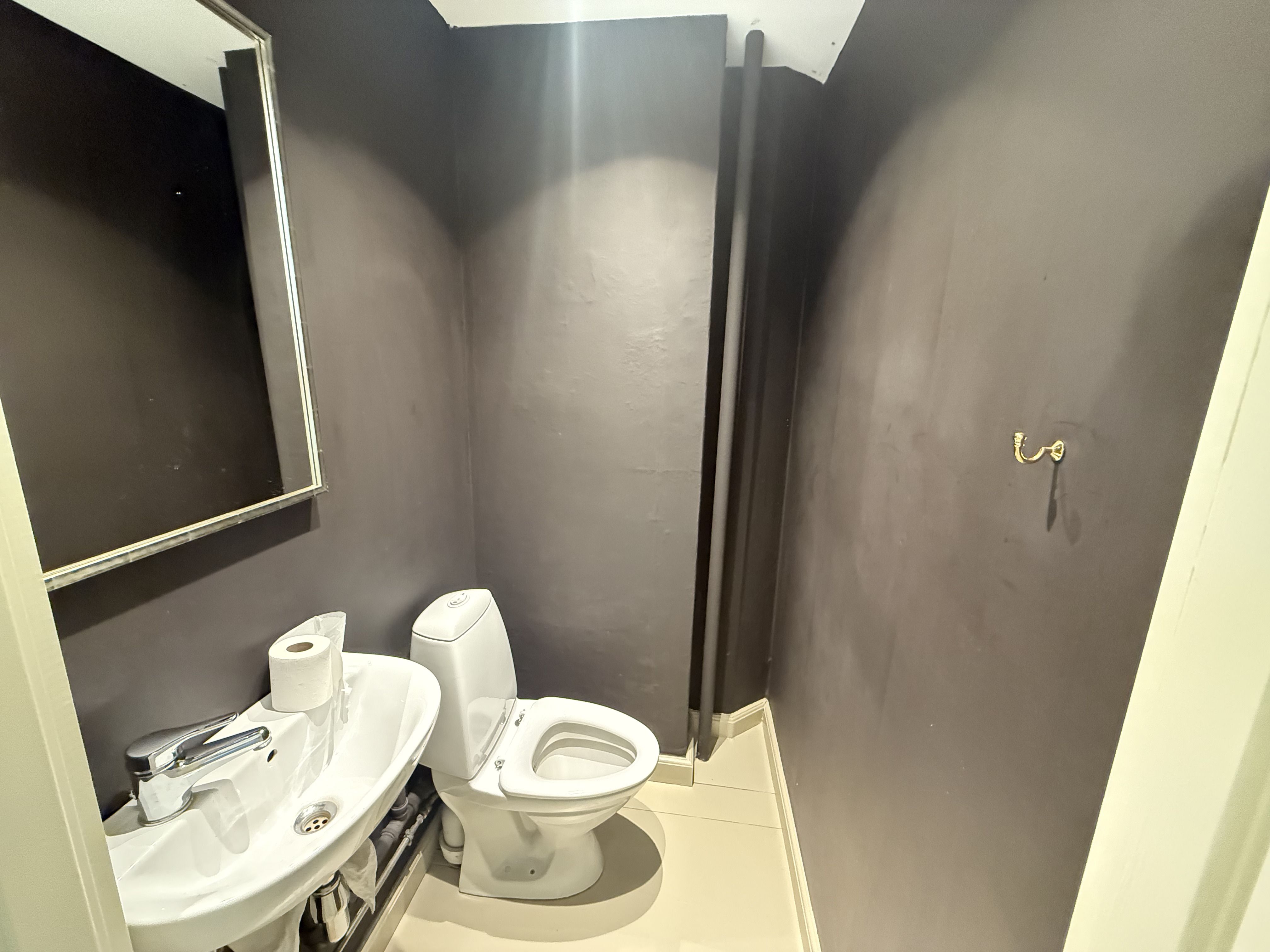 Et lille badeværelse med en hvid toilet og en hvid vask med en sølvfarvet vandhane og en hvid håndklædeholder