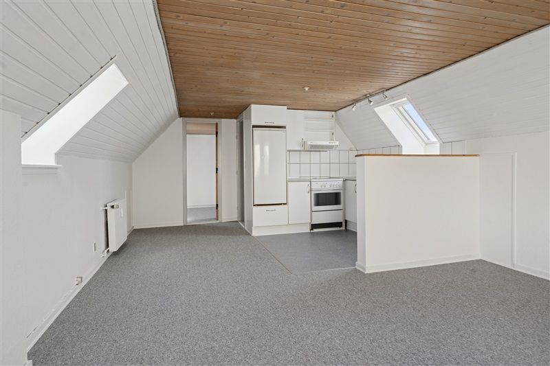 Lukket loft med loftsvindue og indbyggede skabe i en hvid og lysegrå farvetone med et lille køkken og en hvid komfur