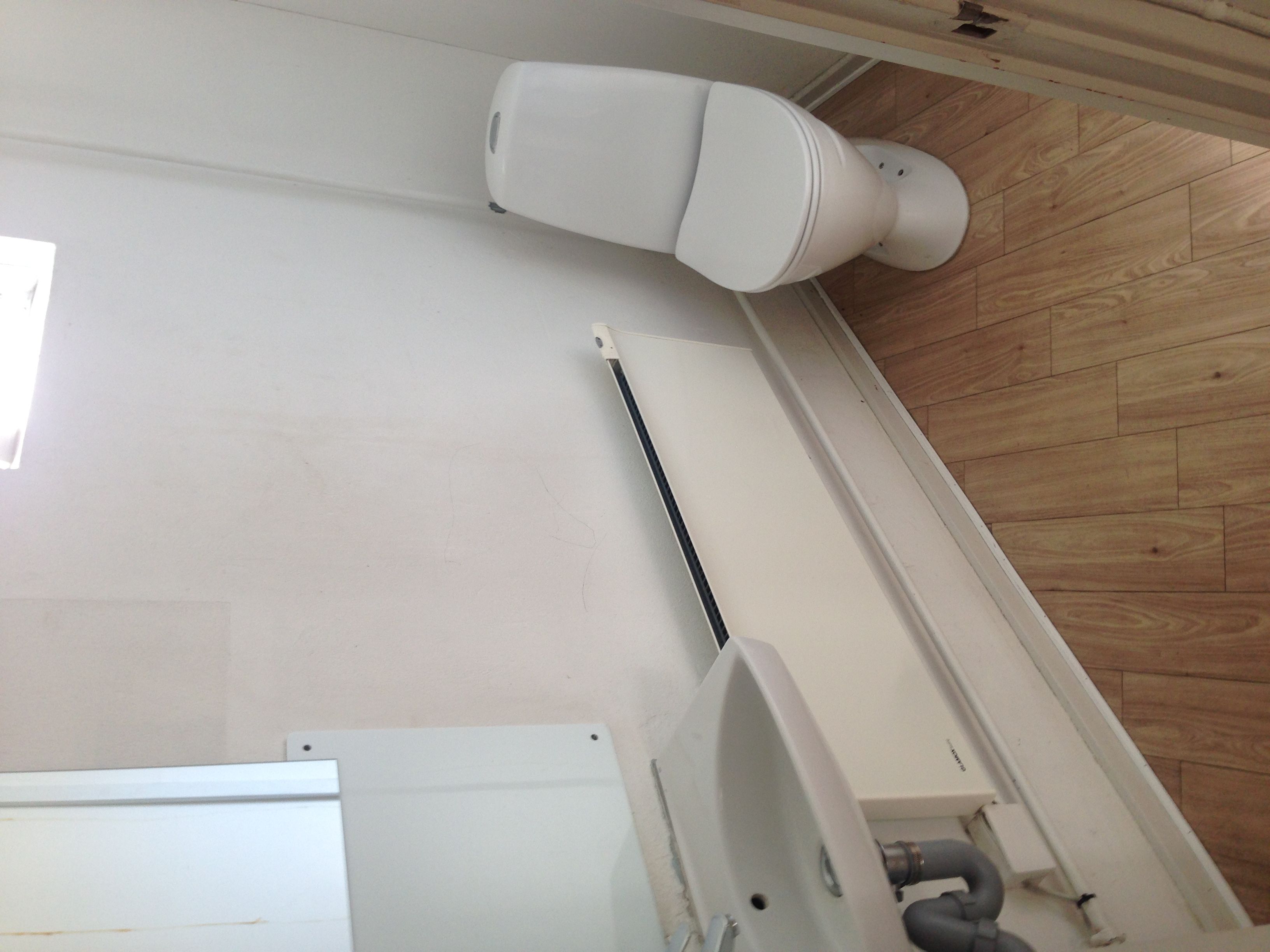 Et lille badeværelse med toilet og badekar samt gulvtæppe og radiator i hvidt