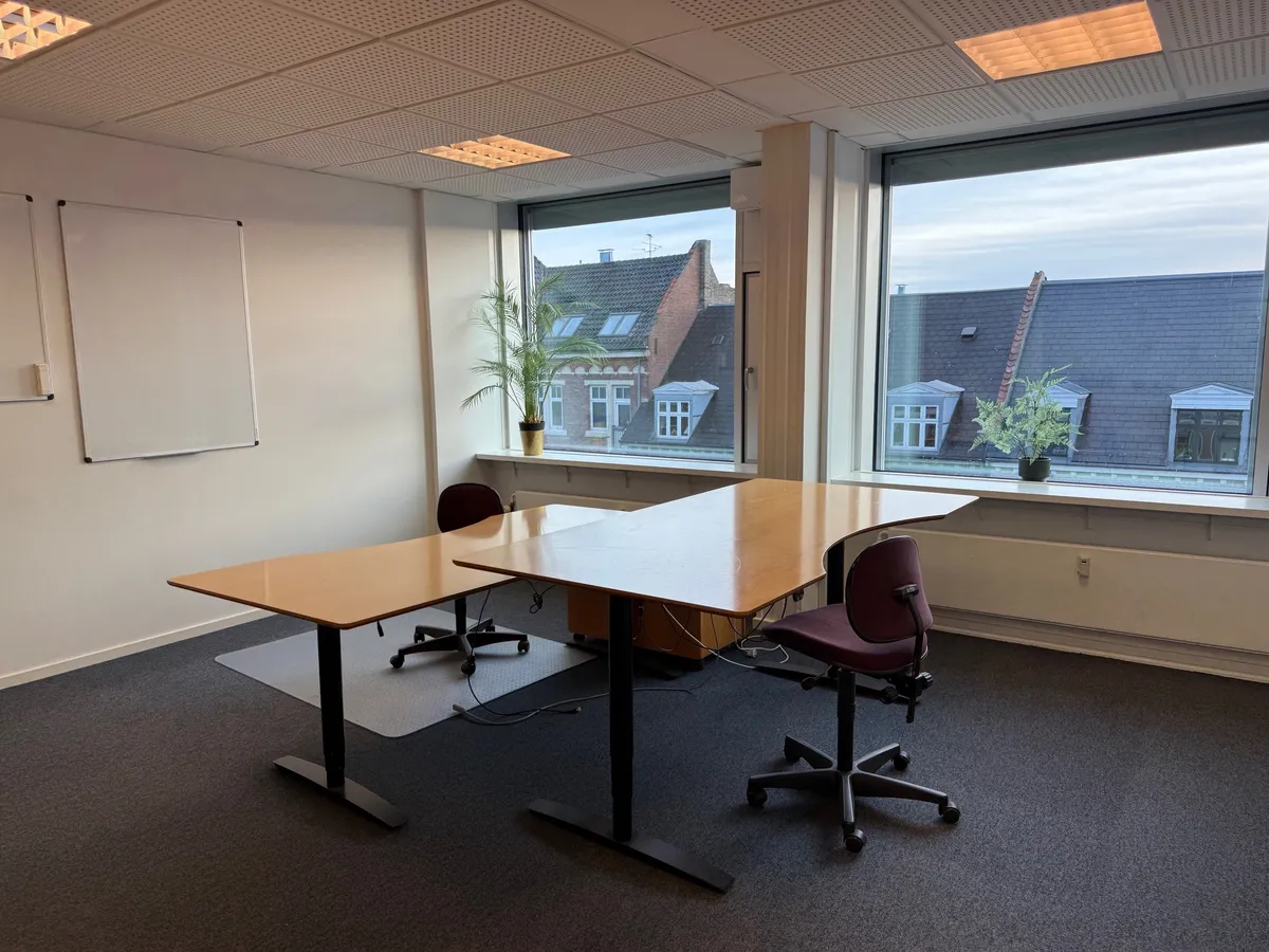 Kontor med lyse gulve, høje vinduer og lyse lofter. To skriveborde med stole og plante i vindueskarmen.