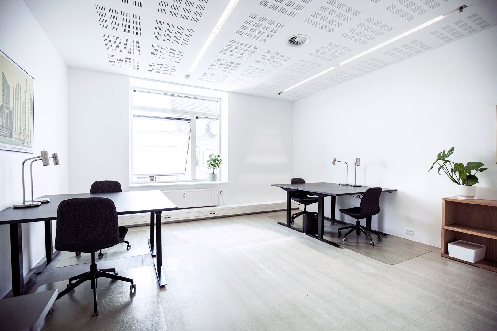 Kontorfællesskabet med minimalistisk indretning, to bordsæt med stole, plante i hjørne og vinduesudsigt over byen
