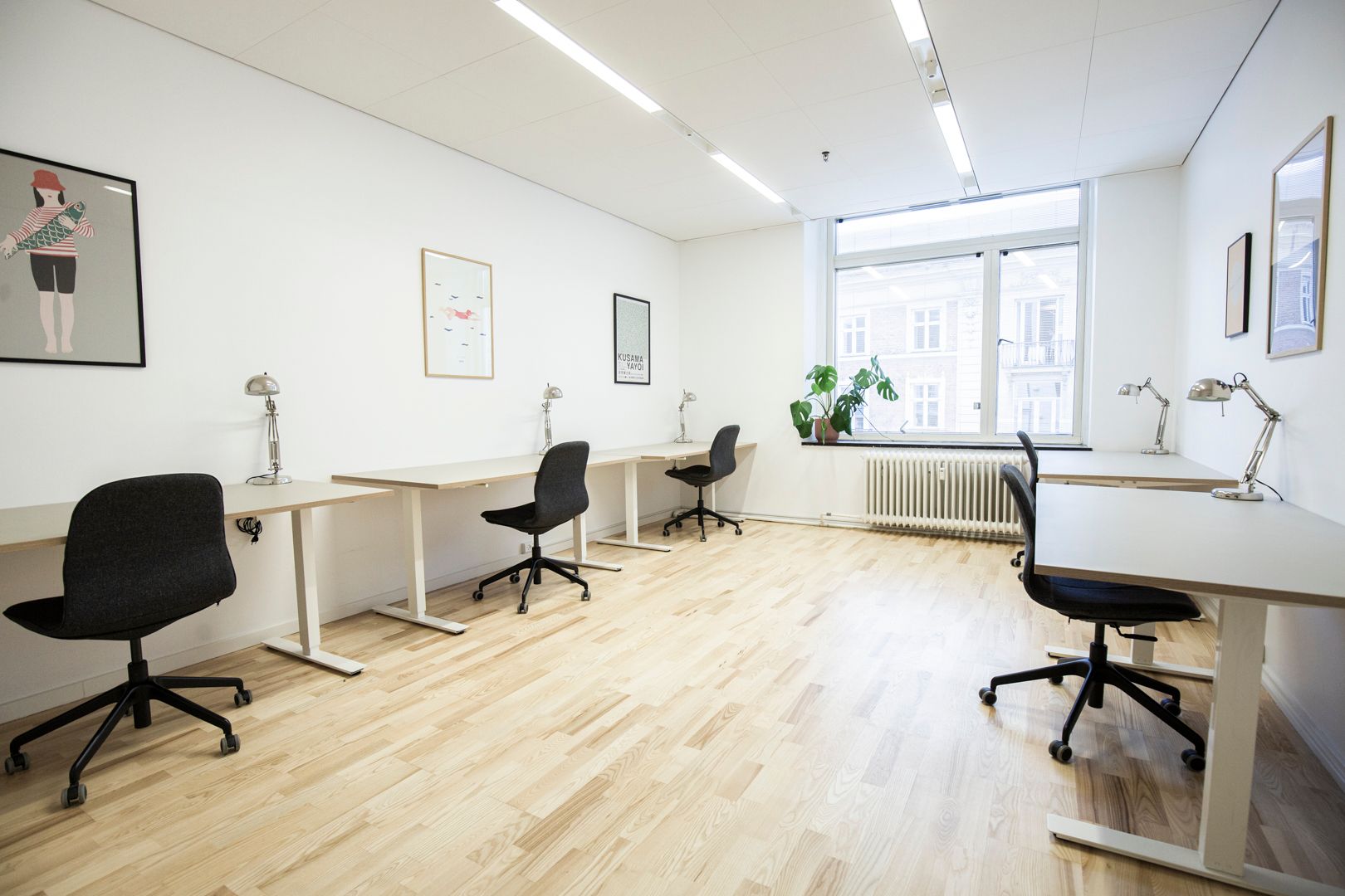 En stor og lys kontor med lysegul gulv og hvide vægge, flere skriveborde med stol og lampe, kunstværk og en plante