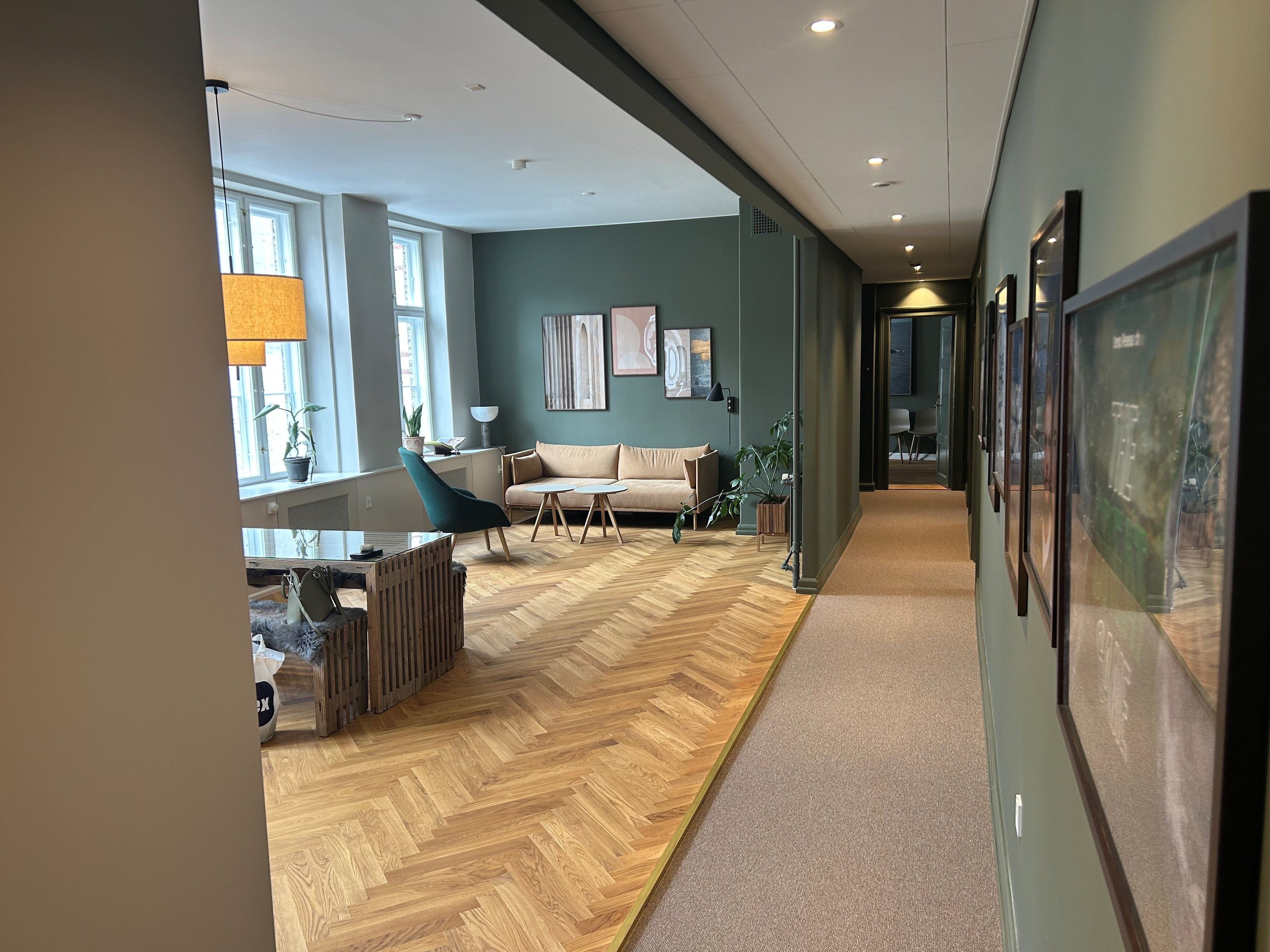 Hallen med trægulv og beige gulvtæppe med lyse og elegante møbler og lyse loftslampe