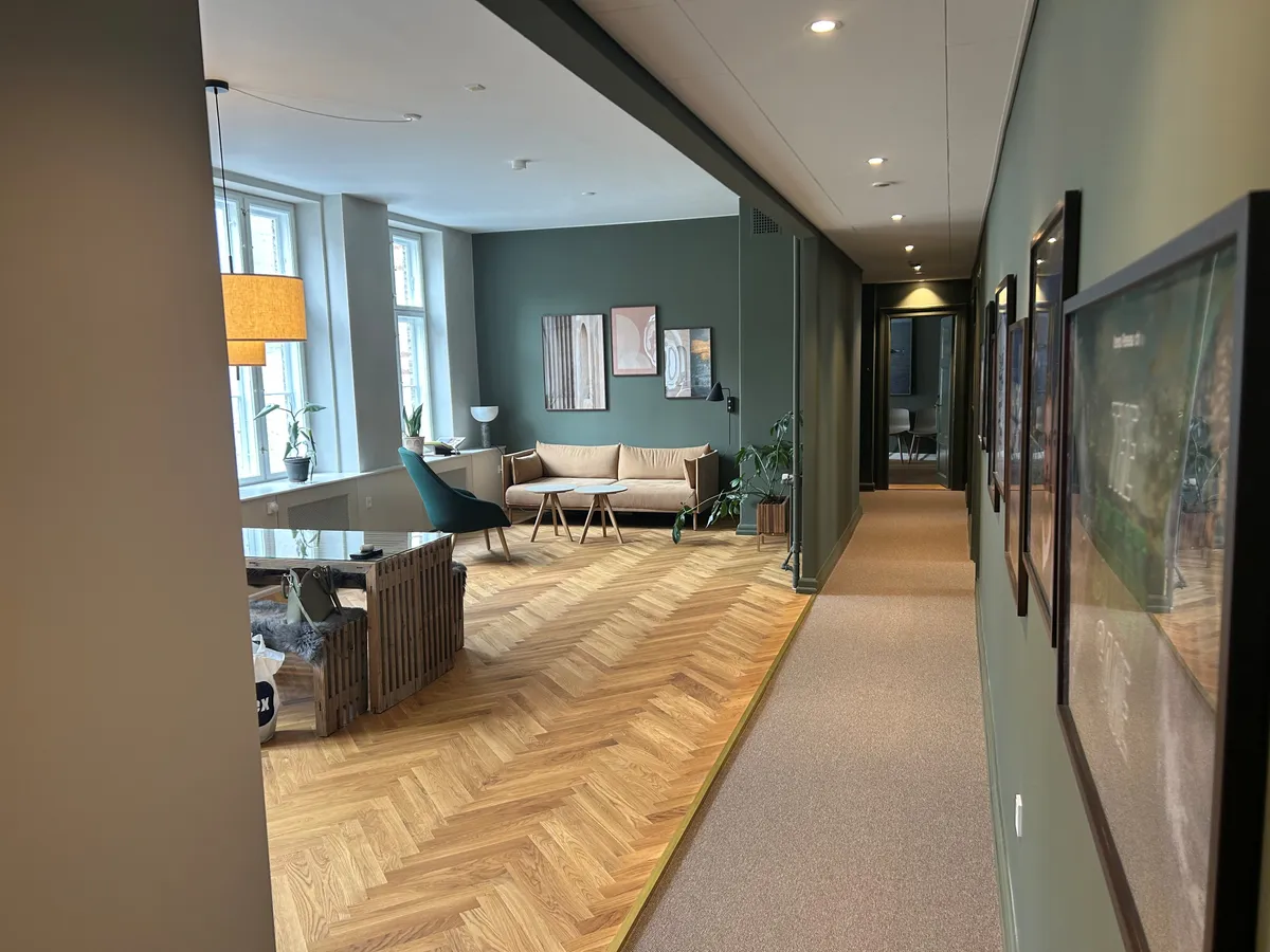 Hallen med trægulv og beige gulvtæppe med lyse og elegante møbler og lyse loftslampe