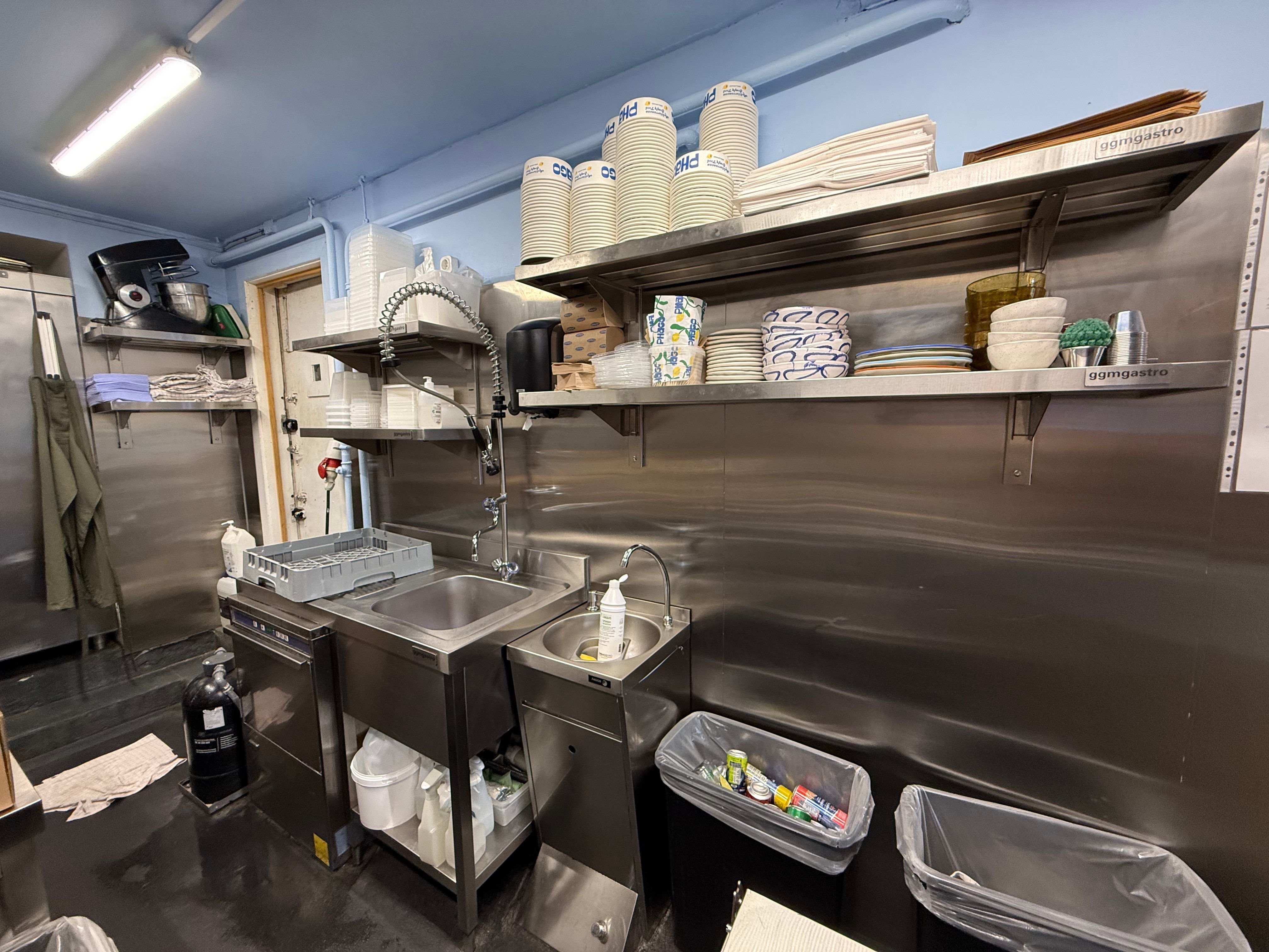 En ren og funktionel køkken med to vasker og to krusreoler, en række skraldspande, og forskellige køkkenudstyr som blender