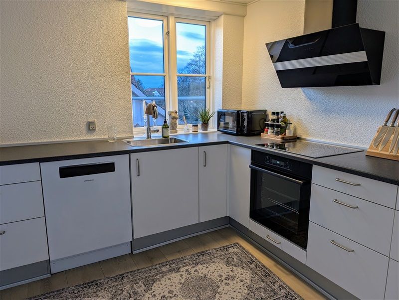 En køkken med en ovn, komfur, køleskab, mikrobølgeovn, vaskemaskine, køkkenredskaber og en trækvindue med udsigt til et træ