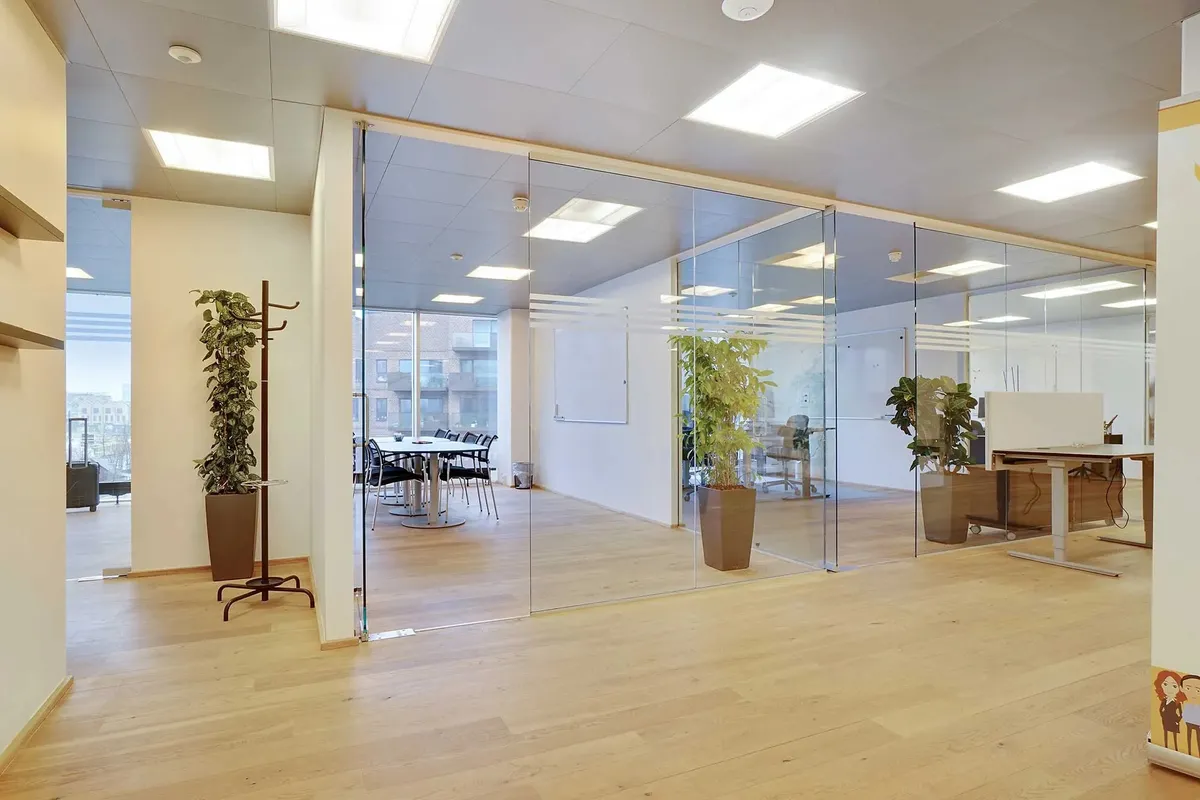 Kontorlokaler med lyse lofter og trægulve, store glasruder og lyse lofter, kontormøbler og lyse plantepoteter i hjørnerne