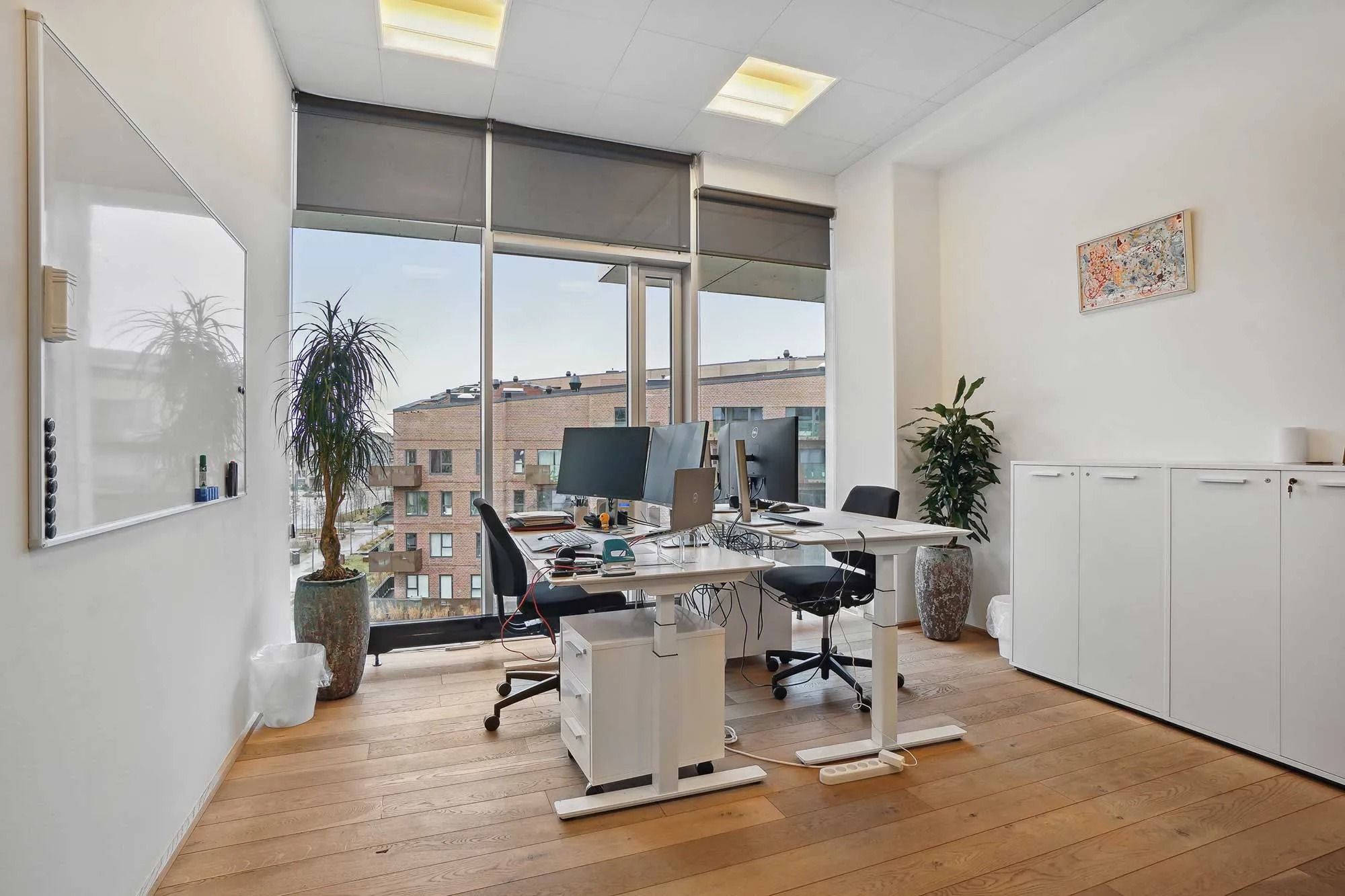 Kontor med to højdejusterbare skriveborde og to ergonomiske stole foran store vinduer med udsigt til byen og planter i potter