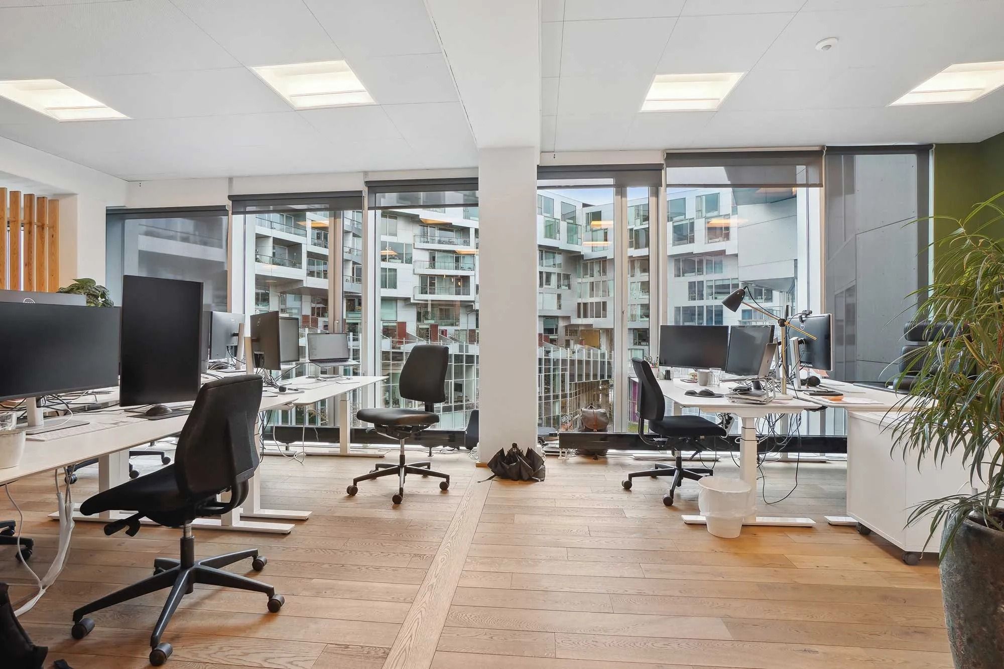 Moderne kontor med højloftede ruder og høj kvalitet. Tre skriveborde med computere og skrivebordslamper. Stiletter i sort og