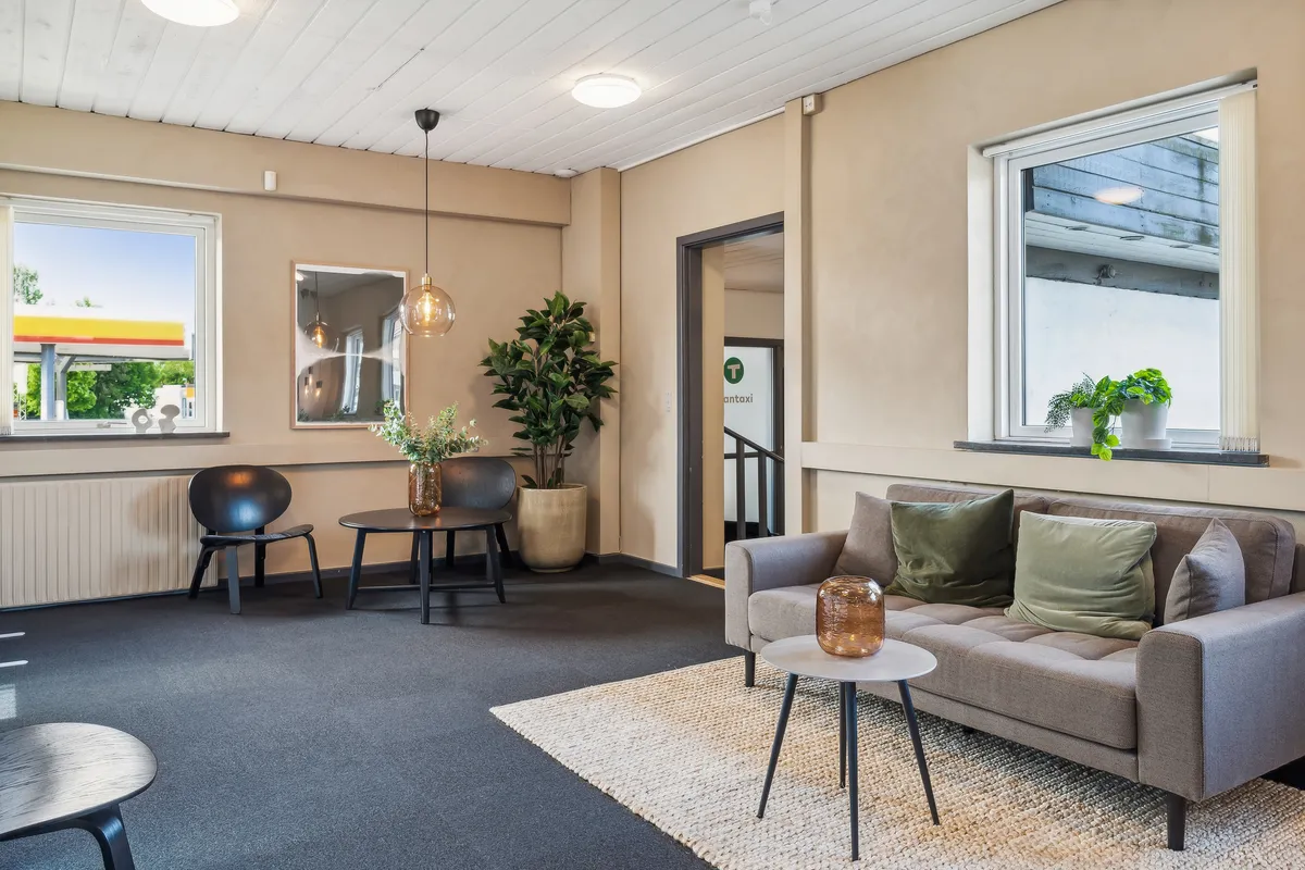 Kontorrum med lysegul væg, trægulv og møbler som en sofa, to stole og et bord samt plantepoter