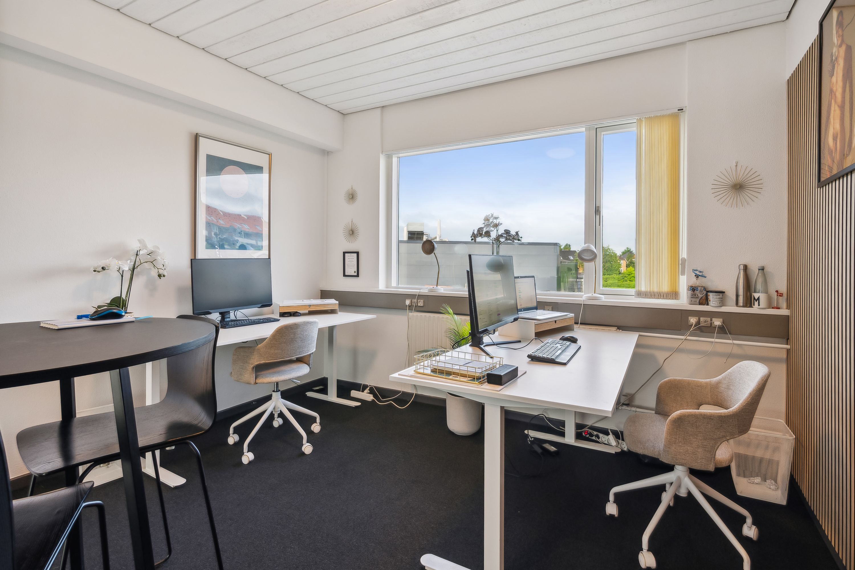 Kontor med moderne møbler, høje vinduer, hvide vægge, to skriveborde og en separat arbejdszone med plante og to skærme