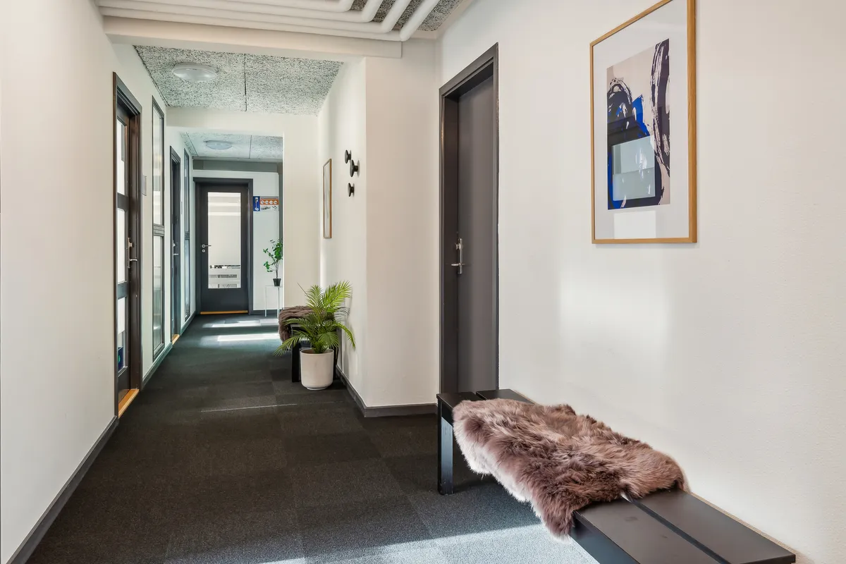 Et foto af en lyse hall med lysegult gulv og hvide vægge, hvor der er en brun pels, en stol og et maleri på væggen