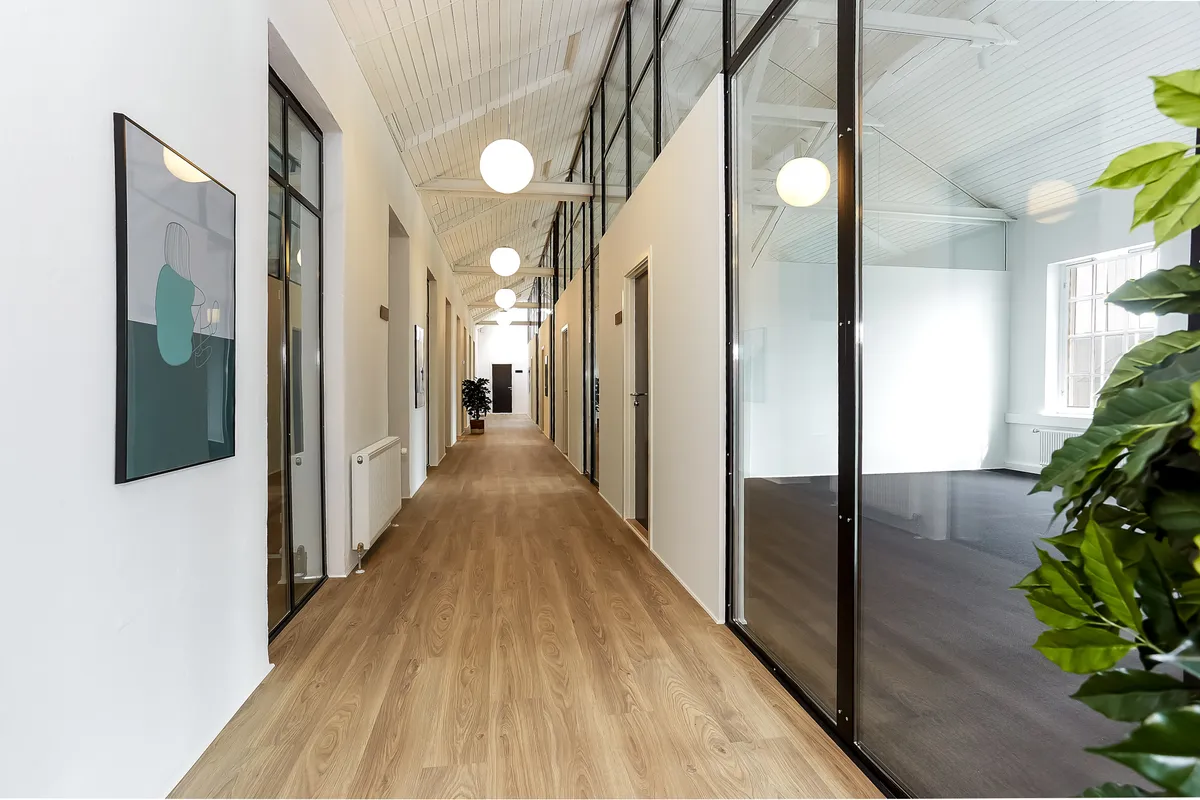 Langt og smalt korridor med lyse loftsbjælker og lyse runde loftslampe. Trægulv og hvide vægge med store glasruder og plante