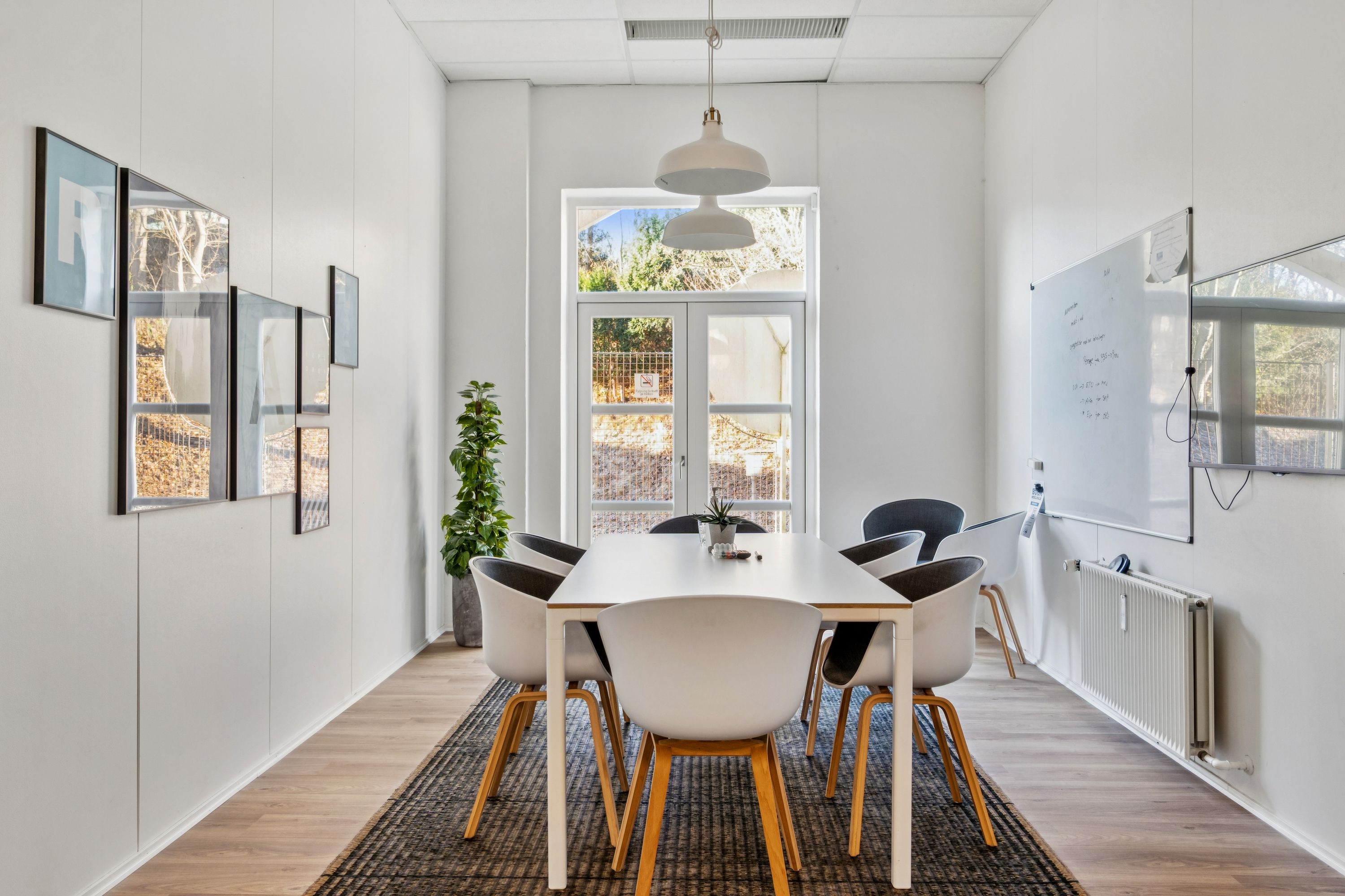 Kontorfællesskab med møbelsæt med bord og stole, hvide vægge, højloft og trægulv, to lysekroner og plante i hjørnet