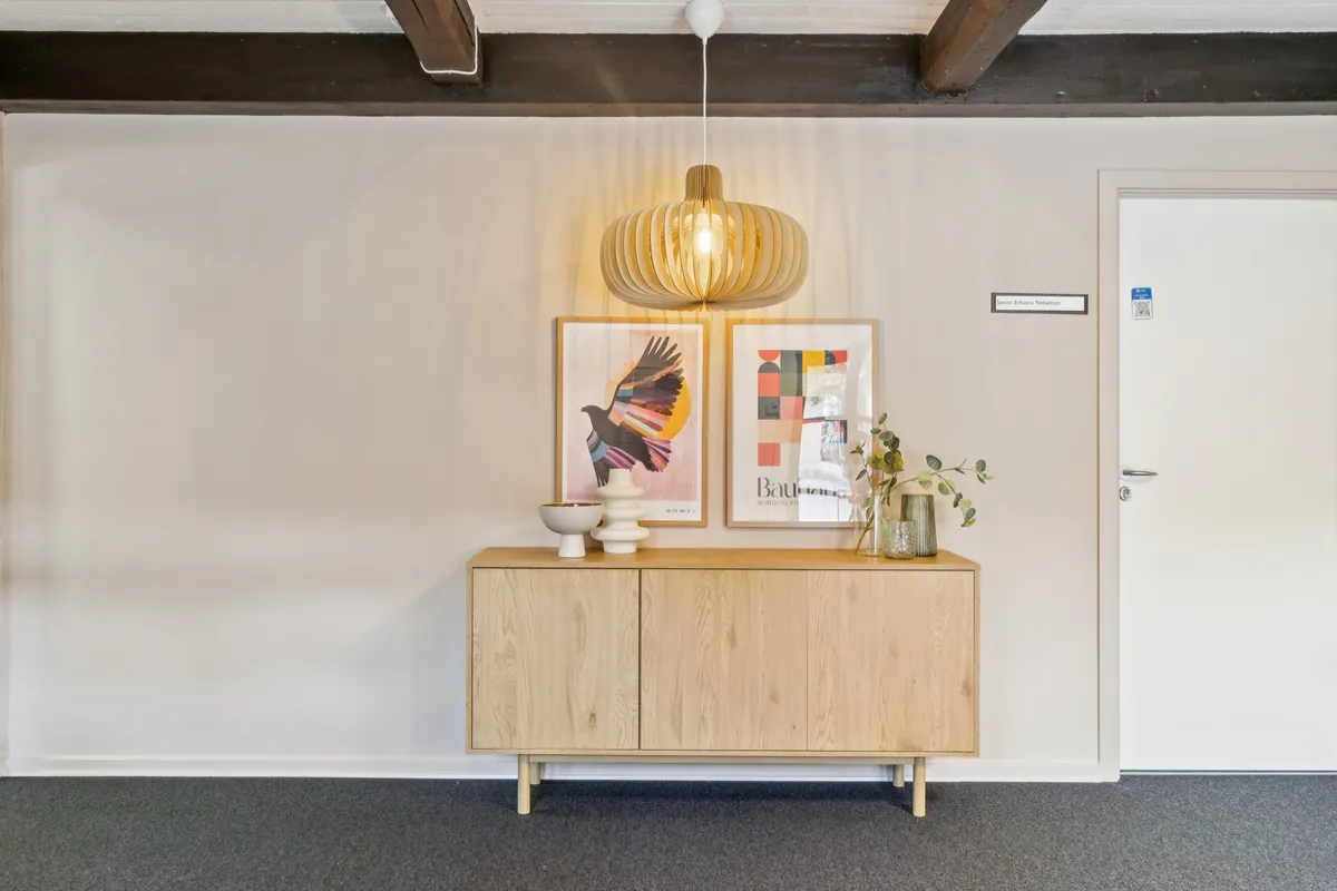 Foto af en hyggeligt indrettet lobby med en kommode, to malerier, en lysekron, et smykke og en plante på toppen