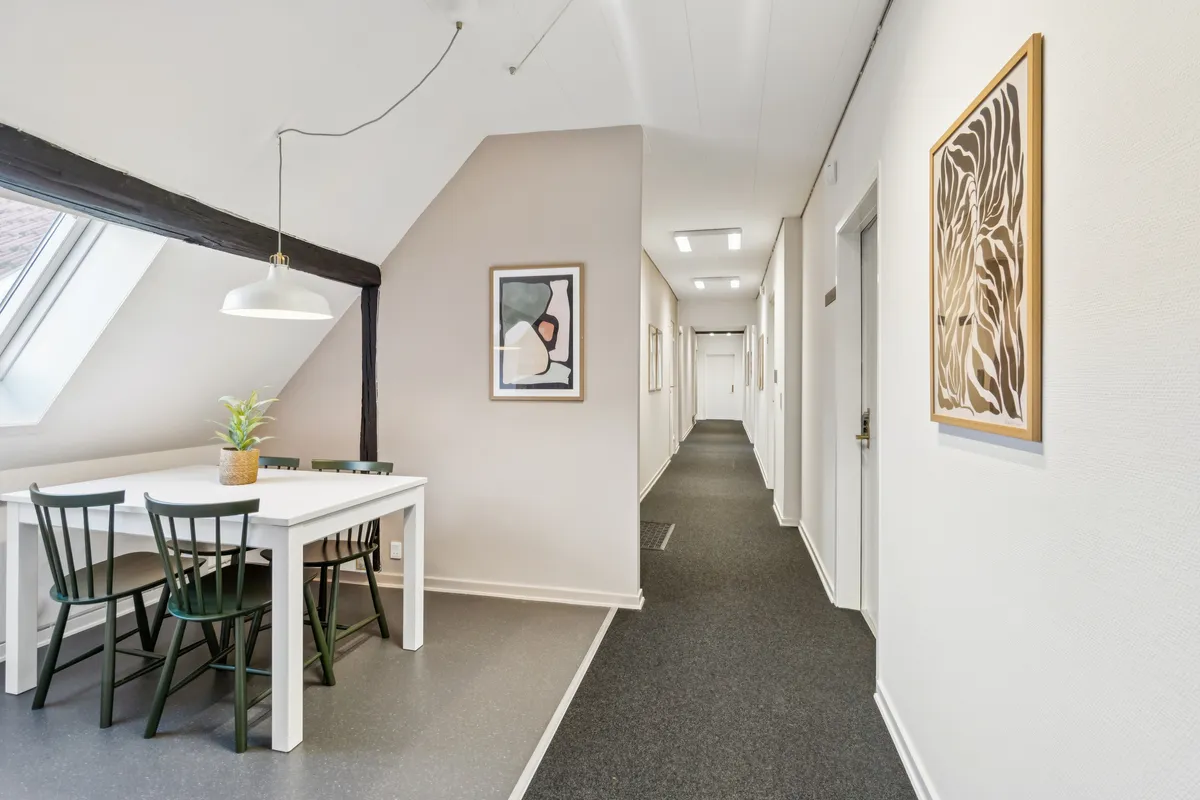 En kontorfællesskab med et hvidt spisebord og grønne stole samt en plante og loftsvinduer med naturlys