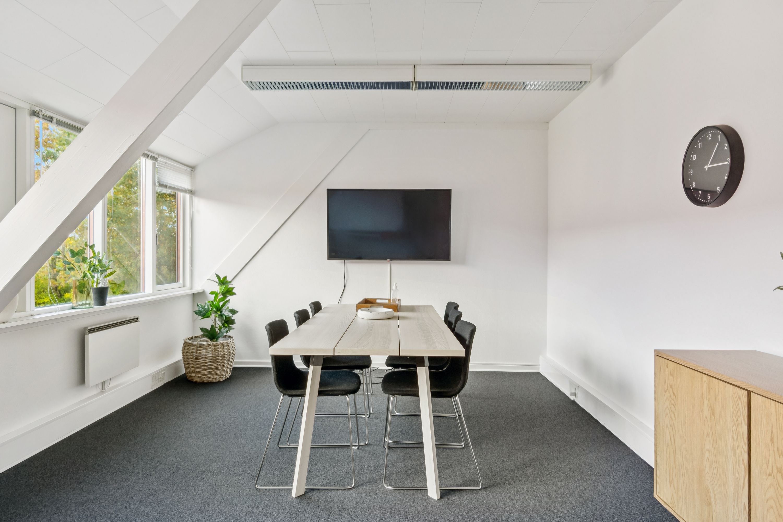 Kontor med højt loft, hvide vægge, møbler og plantepot. Sort ur, tv og vinduer med udsigt til grønne træer