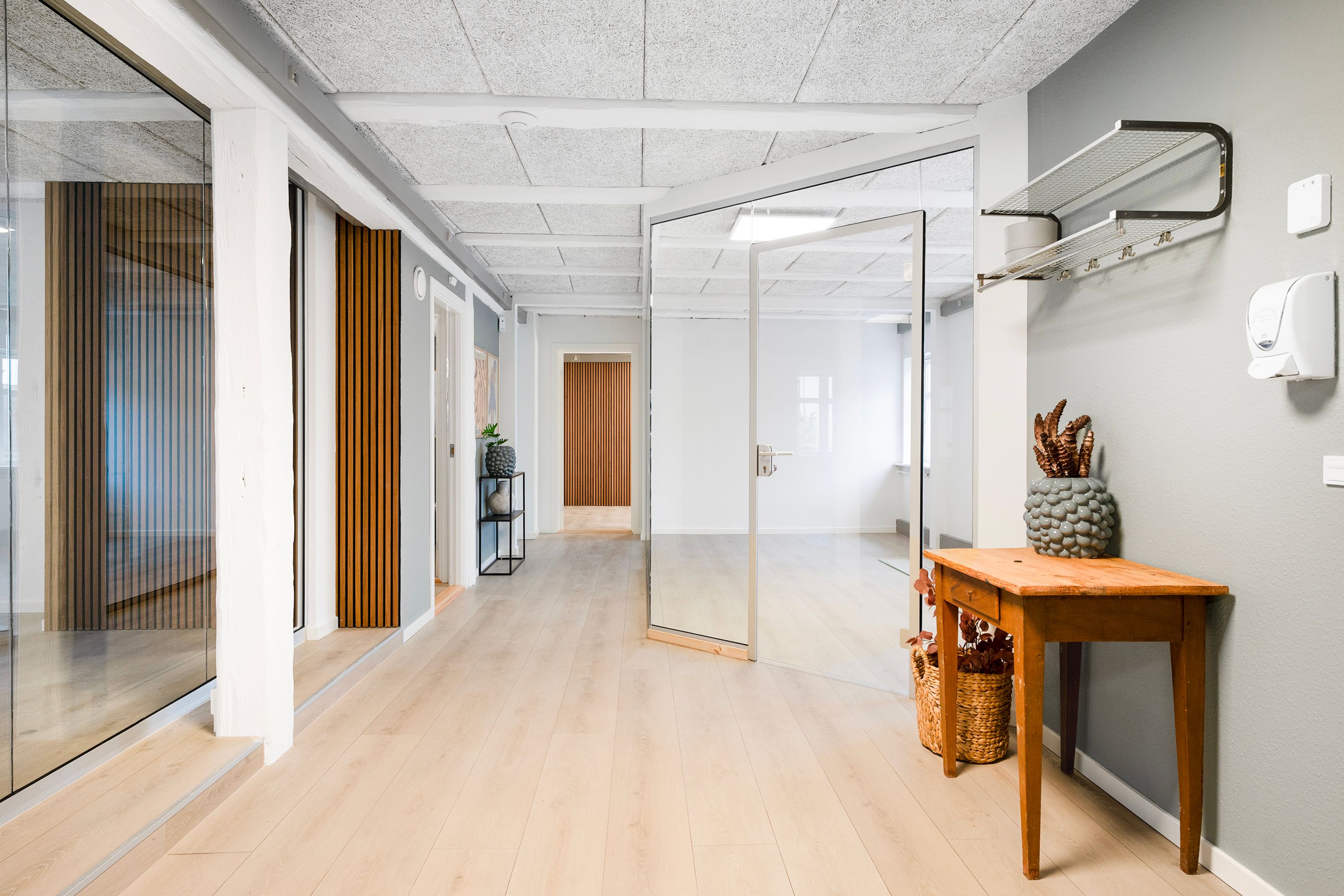Glasskærme og træpaneler i en minimalistisk og rummelig korridor med hårdt trægulv og et træbord med en plante i en vase på