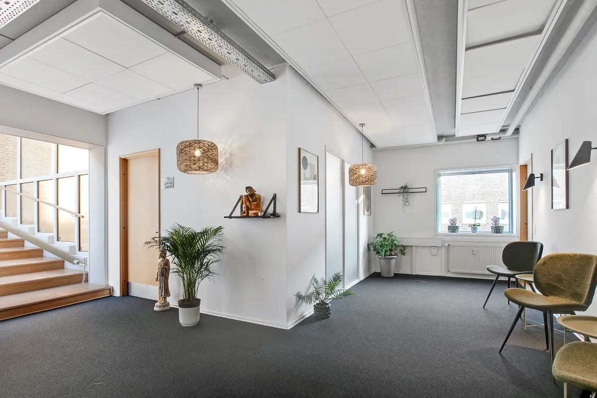 Inde i et lyst kontor med hvide vægge og lyse lofter, hvor der er to store buddhafigurer og lysekroner samt små plantepoter