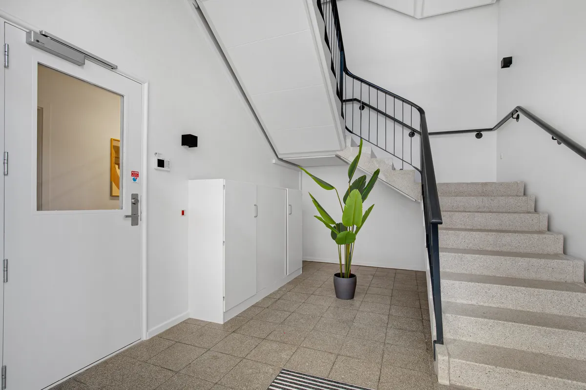 Kontorlokation med hvidt panel og marmortrapper, højt gulv og indgangsdør med automatisk åbner og døre til lagerrum samt plante i gryde