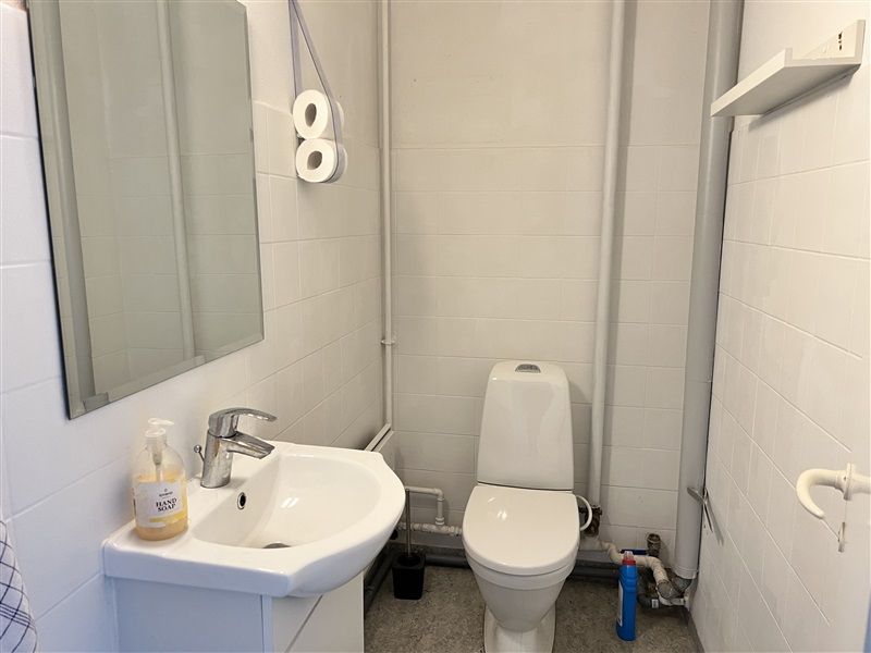 En moderne toiletrum med hvidt toilet, hvidt vask og håndsæbe samt toiletpapir.