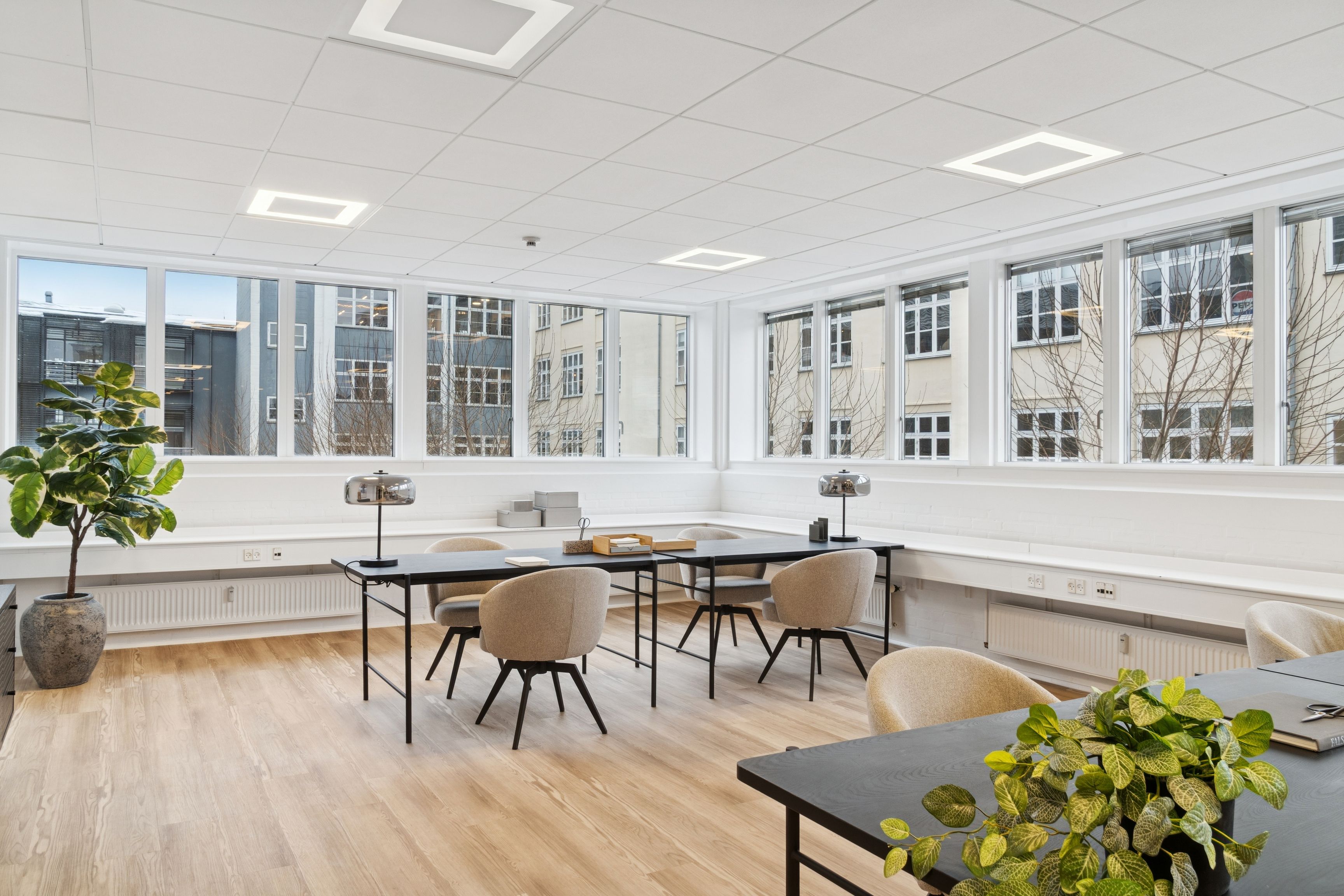 Kontorrum med moderne møbler og plantepot. Høje ruder med udsigt til byen og træer udenfor. Lamper på borde og tekster på væggen