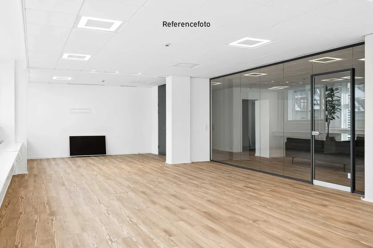 Moderne kontor med lyse trægulve, hvide vægge og store glasruder og døre med mørke rammer