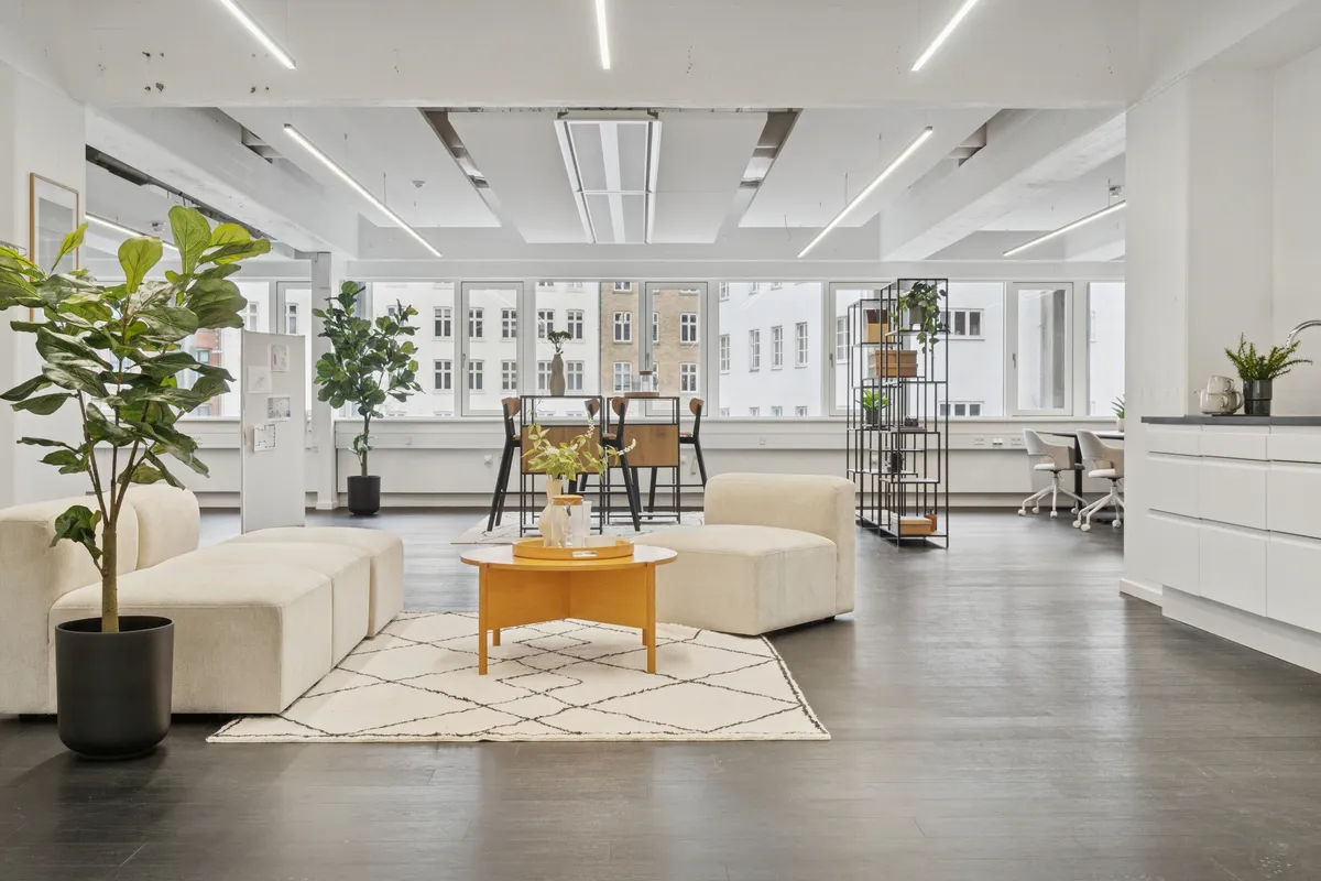 Kontorlokaler med hvide vægge og møbler, en stor sofa, et bord med plante, og en terrasse med udsigt til byen