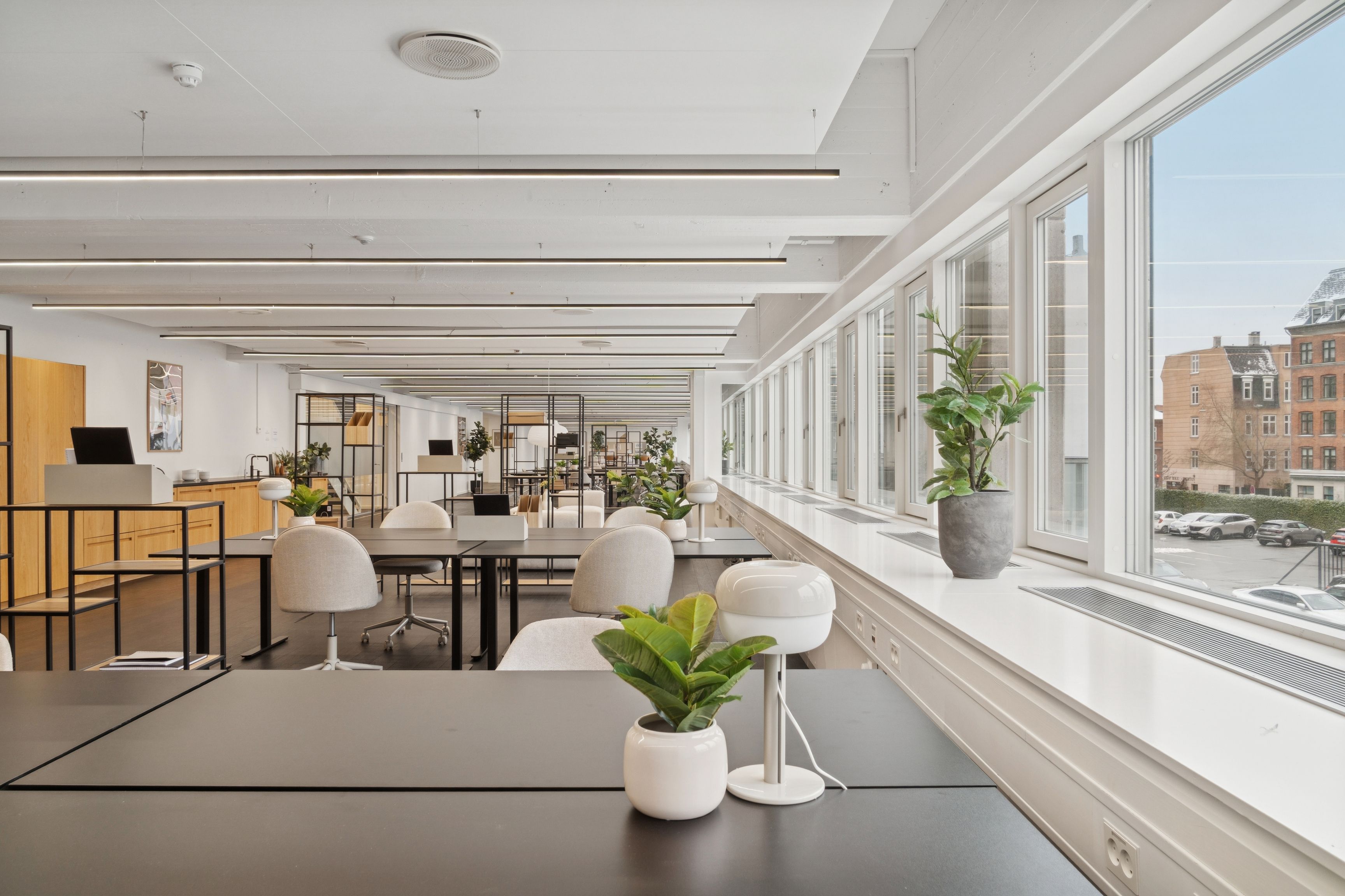 Kontor med store vinduer, moderne møbler og indendørs planter, lyse lofter med indbygget belysning og et flot udsigt over byen