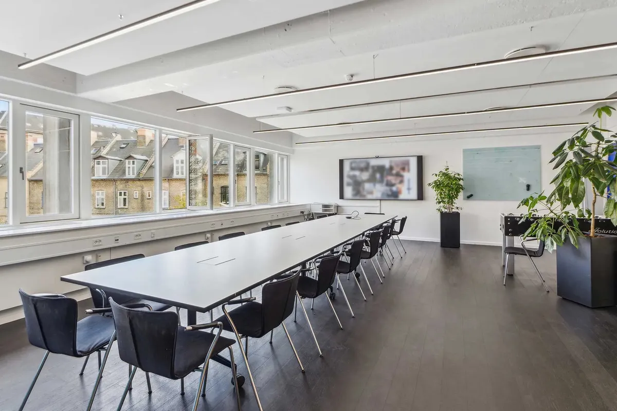 Stor mødelokale med langt, højt bord og stolrække, højt til loftet, plantepotter, hvide vægge og søjler samt stærkt lys.